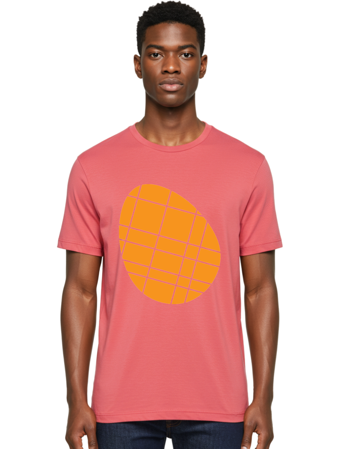 Orange-Grid-Circle Men'S Graphic Tee, 100% Cotton, Comfortable Casual Summer Wear, Machine Washable, Orange Circle, Grid Pattern, Neon Green Grid, Abstract Design, Modern Art, Geometric Shape Aad073 14