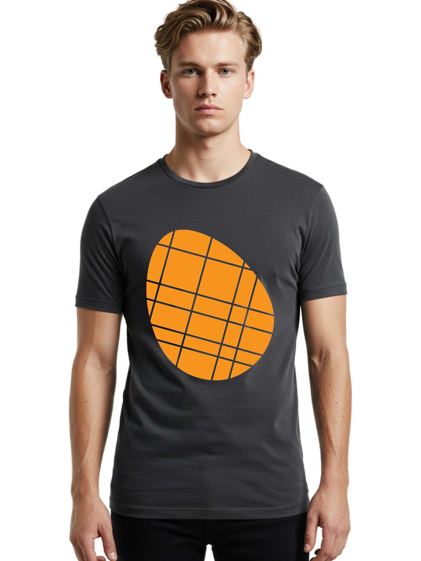 Orange-Grid-Circle Men'S Graphic Tee, 100% Cotton, Comfortable Casual Summer Wear, Machine Washable, Orange Circle, Grid Pattern, Neon Green Grid, Abstract Design, Modern Art, Geometric Shape Aad073 22