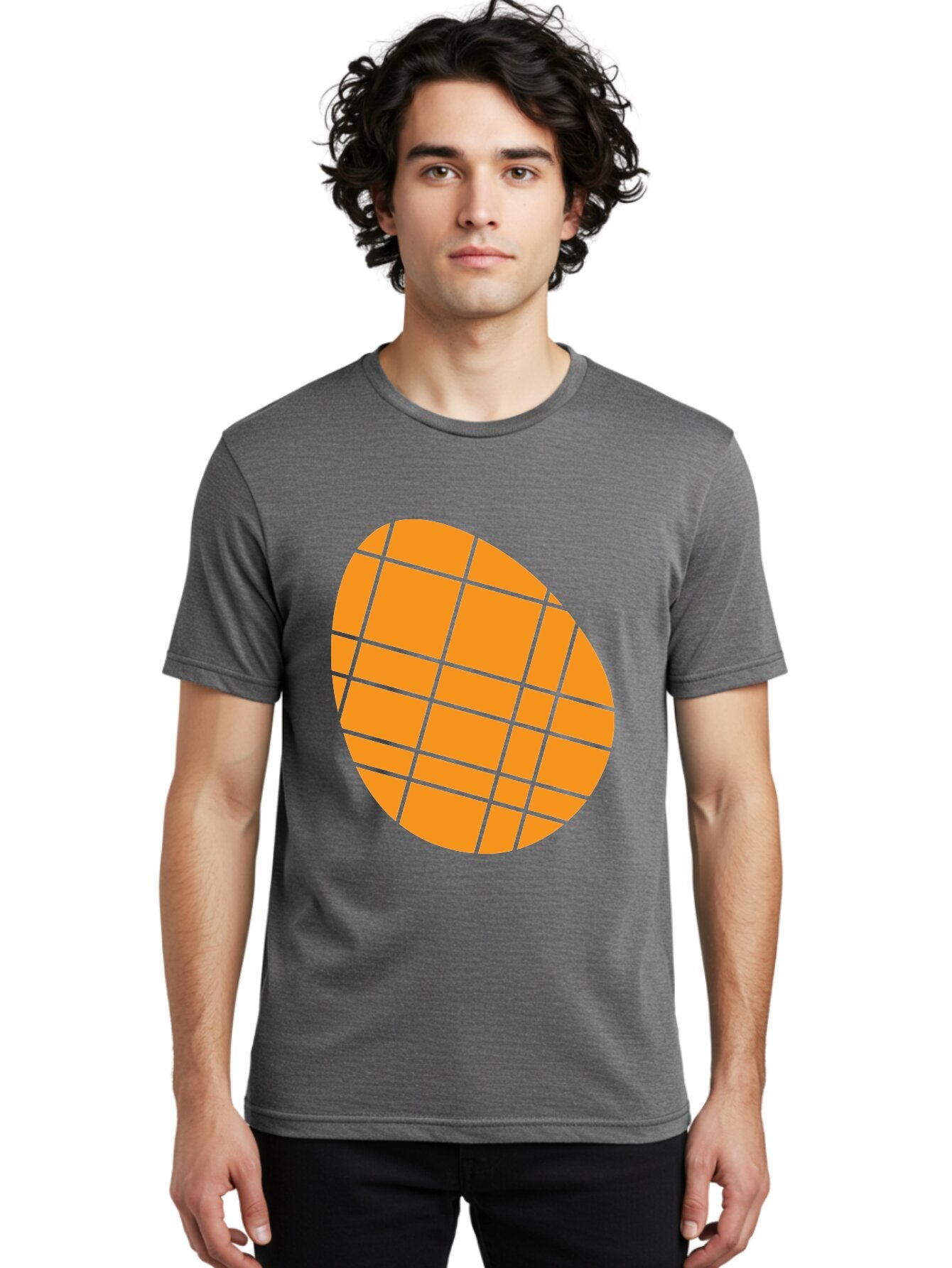 Orange-Grid-Circle Men'S Graphic Tee, 100% Cotton, Comfortable Casual Summer Wear, Machine Washable, Orange Circle, Grid Pattern, Neon Green Grid, Abstract Design, Modern Art, Geometric Shape Aad073 25