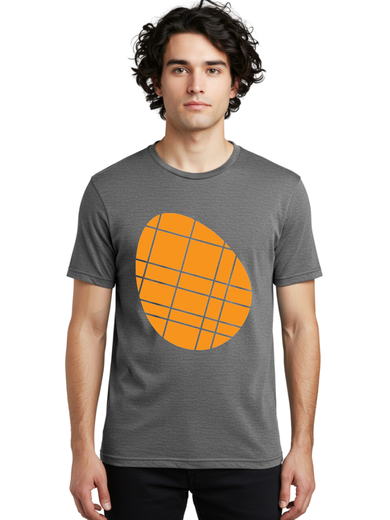 Orange-Grid-Circle Men'S Graphic Tee, 100% Cotton, Comfortable Casual Summer Wear, Machine Washable, Orange Circle, Grid Pattern, Neon Green Grid, Abstract Design, Modern Art, Geometric Shape Aad073 12