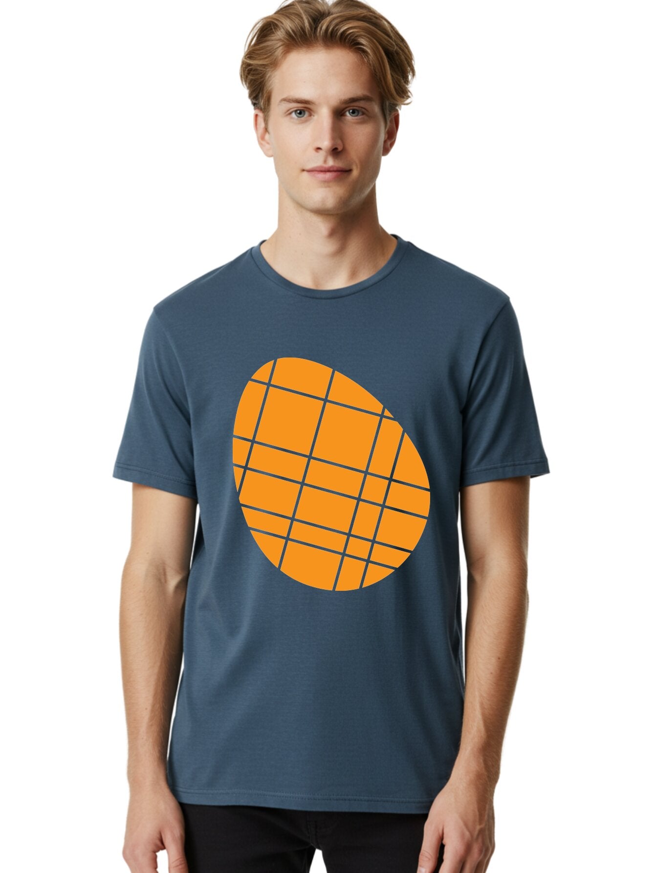 Orange-Grid-Circle Men'S Graphic Tee, 100% Cotton, Comfortable Casual Summer Wear, Machine Washable, Orange Circle, Grid Pattern, Neon Green Grid, Abstract Design, Modern Art, Geometric Shape Aad073 17