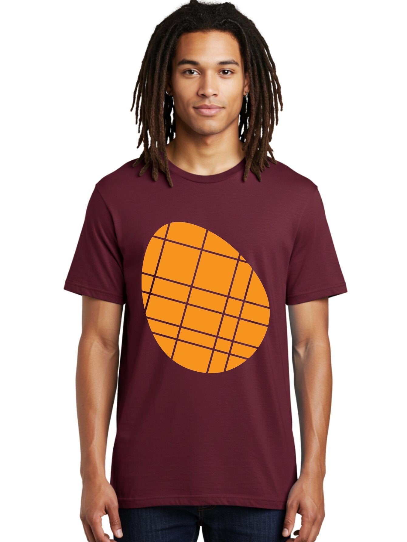 Orange-Grid-Circle Men'S Graphic Tee, 100% Cotton, Comfortable Casual Summer Wear, Machine Washable, Orange Circle, Grid Pattern, Neon Green Grid, Abstract Design, Modern Art, Geometric Shape Aad073 16