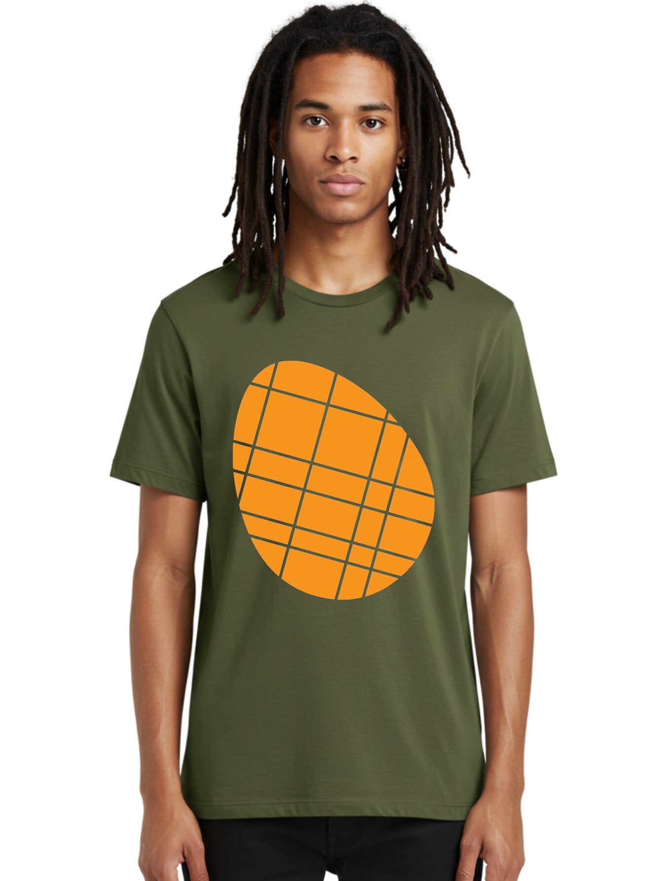 Orange-Grid-Circle Men'S Graphic Tee, 100% Cotton, Comfortable Casual Summer Wear, Machine Washable, Orange Circle, Grid Pattern, Neon Green Grid, Abstract Design, Modern Art, Geometric Shape Aad073 22