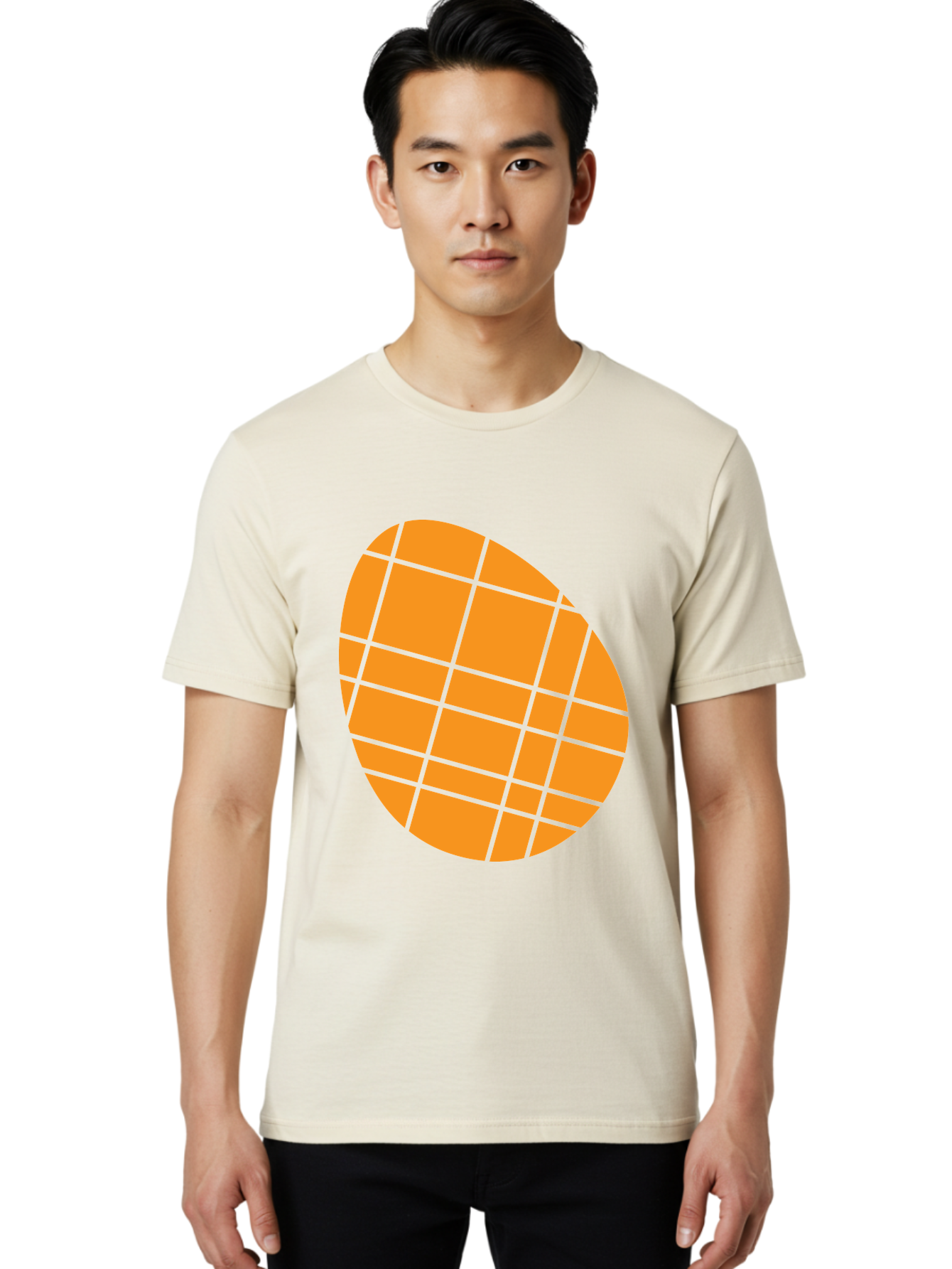 Orange-Grid-Circle Men'S Graphic Tee, 100% Cotton, Comfortable Casual Summer Wear, Machine Washable, Orange Circle, Grid Pattern, Neon Green Grid, Abstract Design, Modern Art, Geometric Shape Aad073 24