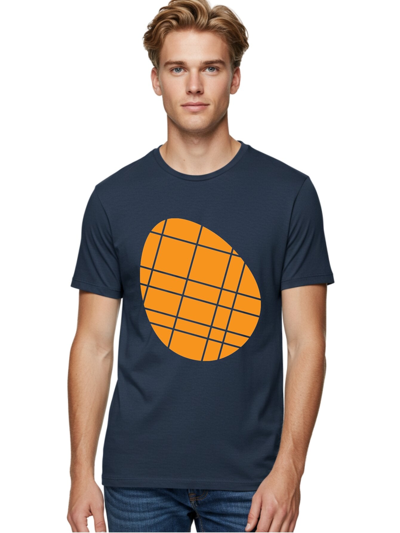 Orange-Grid-Circle Men'S Graphic Tee, 100% Cotton, Comfortable Casual Summer Wear, Machine Washable, Orange Circle, Grid Pattern, Neon Green Grid, Abstract Design, Modern Art, Geometric Shape Aad073 30