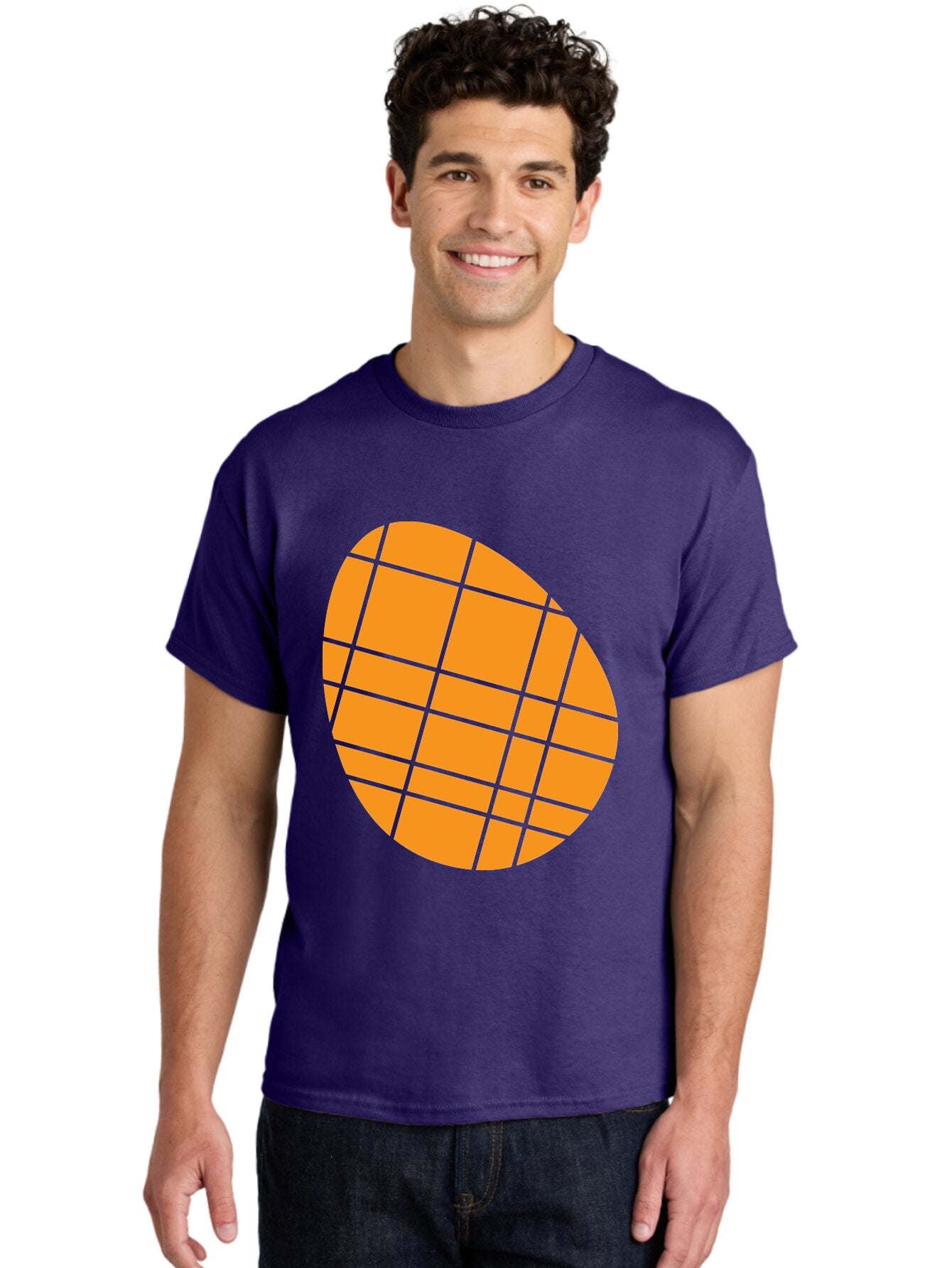 Orange-Grid-Circle Men'S Graphic Tee, 100% Cotton, Comfortable Casual Summer Wear, Machine Washable, Orange Circle, Grid Pattern, Neon Green Grid, Abstract Design, Modern Art, Geometric Shape Aad073 27