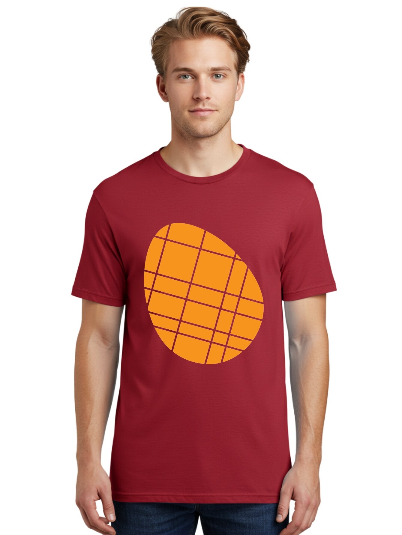 Orange-Grid-Circle Men'S Graphic Tee, 100% Cotton, Comfortable Casual Summer Wear, Machine Washable, Orange Circle, Grid Pattern, Neon Green Grid, Abstract Design, Modern Art, Geometric Shape Aad073 26