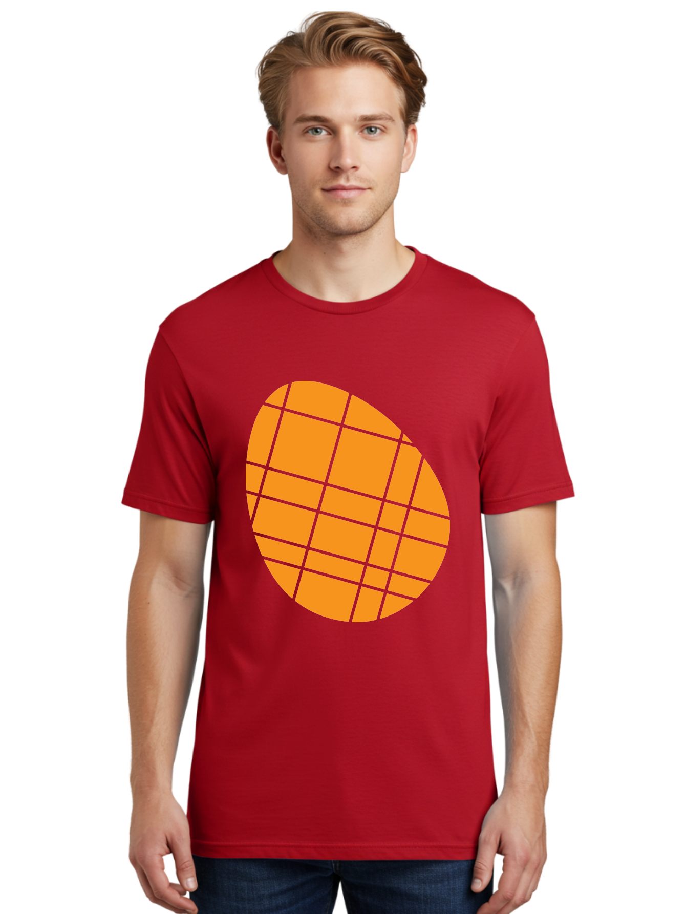 Orange-Grid-Circle Men'S Graphic Tee, 100% Cotton, Comfortable Casual Summer Wear, Machine Washable, Orange Circle, Grid Pattern, Neon Green Grid, Abstract Design, Modern Art, Geometric Shape Aad073 10
