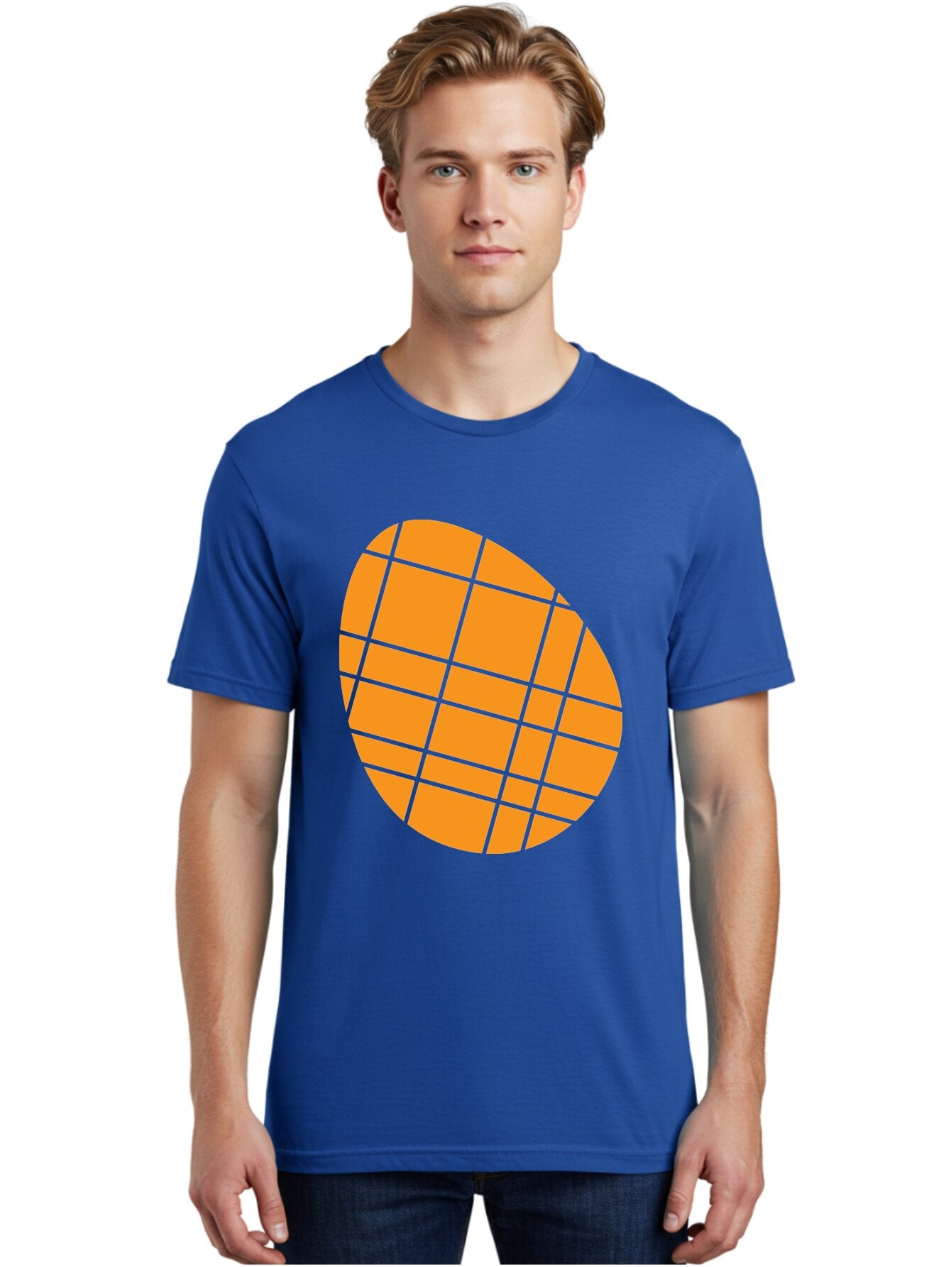 Orange-Grid-Circle Men'S Graphic Tee, 100% Cotton, Comfortable Casual Summer Wear, Machine Washable, Orange Circle, Grid Pattern, Neon Green Grid, Abstract Design, Modern Art, Geometric Shape Aad073 23
