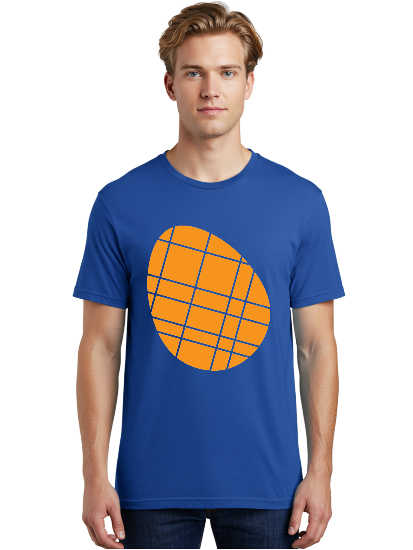 Orange-Grid-Circle Men'S Graphic Tee, 100% Cotton, Comfortable Casual Summer Wear, Machine Washable, Orange Circle, Grid Pattern, Neon Green Grid, Abstract Design, Modern Art, Geometric Shape Aad073 16