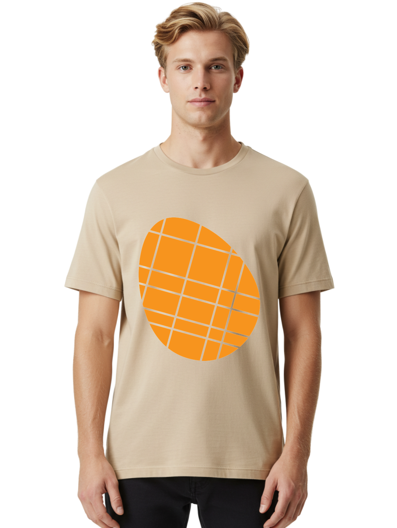 Orange-Grid-Circle Men'S Graphic Tee, 100% Cotton, Comfortable Casual Summer Wear, Machine Washable, Orange Circle, Grid Pattern, Neon Green Grid, Abstract Design, Modern Art, Geometric Shape Aad073 4