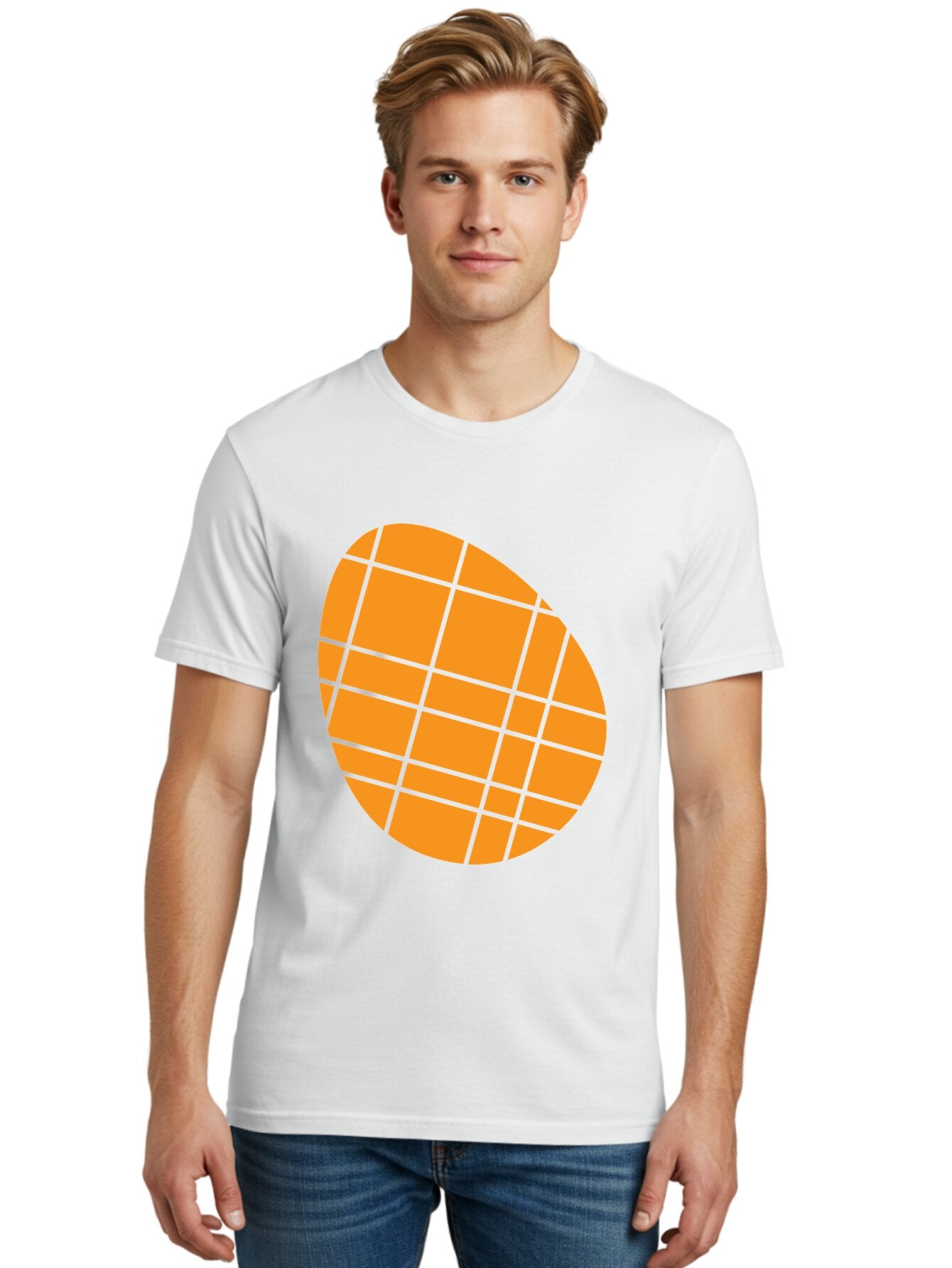 Orange-Grid-Circle Men'S Graphic Tee, 100% Cotton, Comfortable Casual Summer Wear, Machine Washable, Orange Circle, Grid Pattern, Neon Green Grid, Abstract Design, Modern Art, Geometric Shape Aad073 21