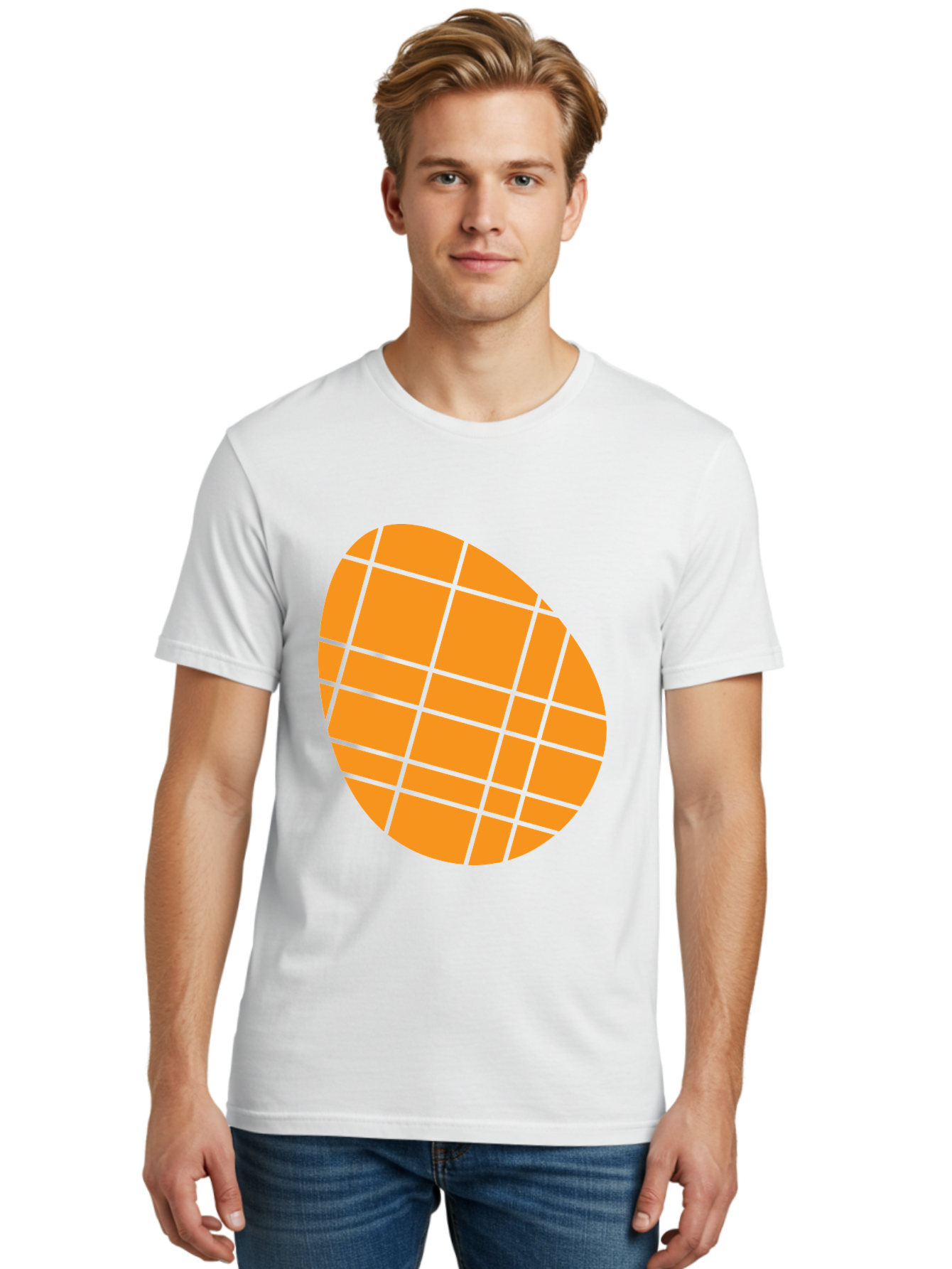 Orange-Grid-Circle Men'S Graphic Tee, 100% Cotton, Comfortable Casual Summer Wear, Machine Washable, Orange Circle, Grid Pattern, Neon Green Grid, Abstract Design, Modern Art, Geometric Shape Aad073 20