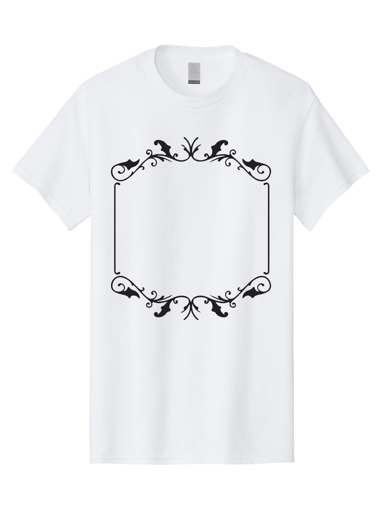 Ornate-Frame Men'S Graphic Tee, 100% Cotton, Comfortable Casual Summer Wear, Machine Washable, Floral Frame, Black Frame, Decorative Border, Elegant Design, Symmetrical, Ornate Details, Vintage Style, Classic Pattern Aad078