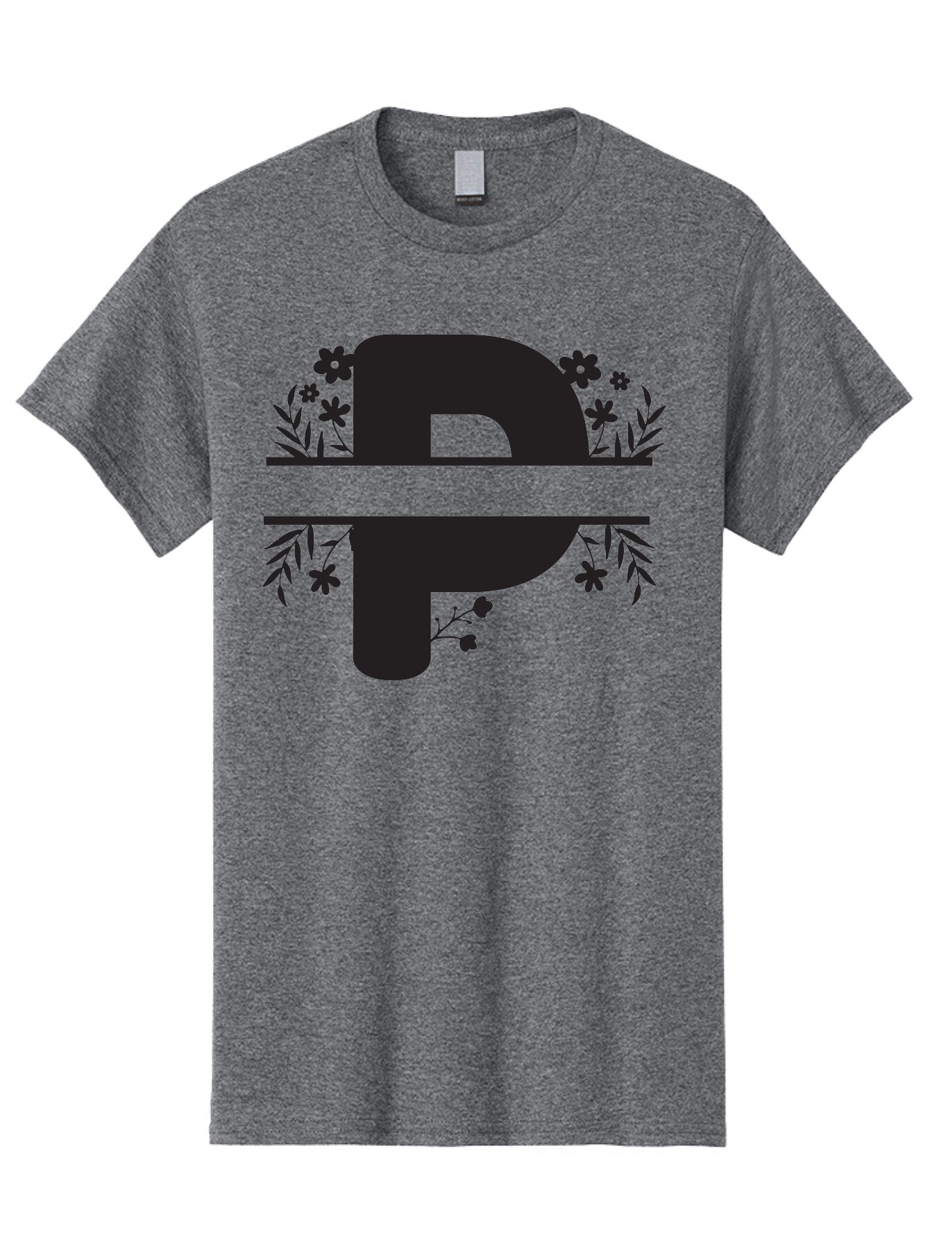 P-1 Men'S Graphic Tee, 100% Cotton, Comfortable Casual Summer Wear, Machine Washable, Large Black Letter P, Floral Designs, Flowers And Leaves, Black Silhouettes, Bold Typography, Decorative Elements, Symbolic Representation Aad081 3