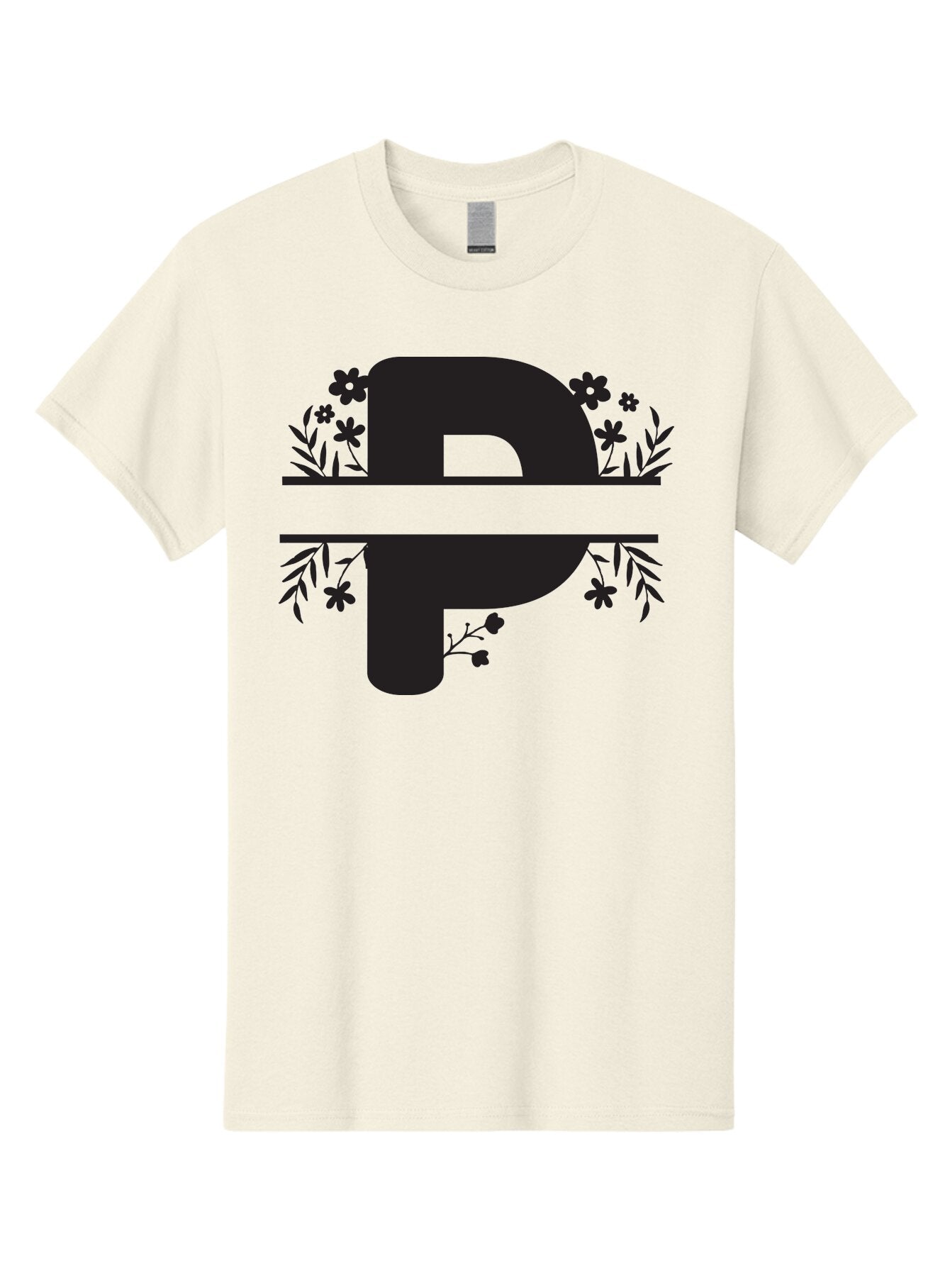 P-1 Men'S Graphic Tee, 100% Cotton, Comfortable Casual Summer Wear, Machine Washable, Large Black Letter P, Floral Designs, Flowers And Leaves, Black Silhouettes, Bold Typography, Decorative Elements, Symbolic Representation Aad081 10