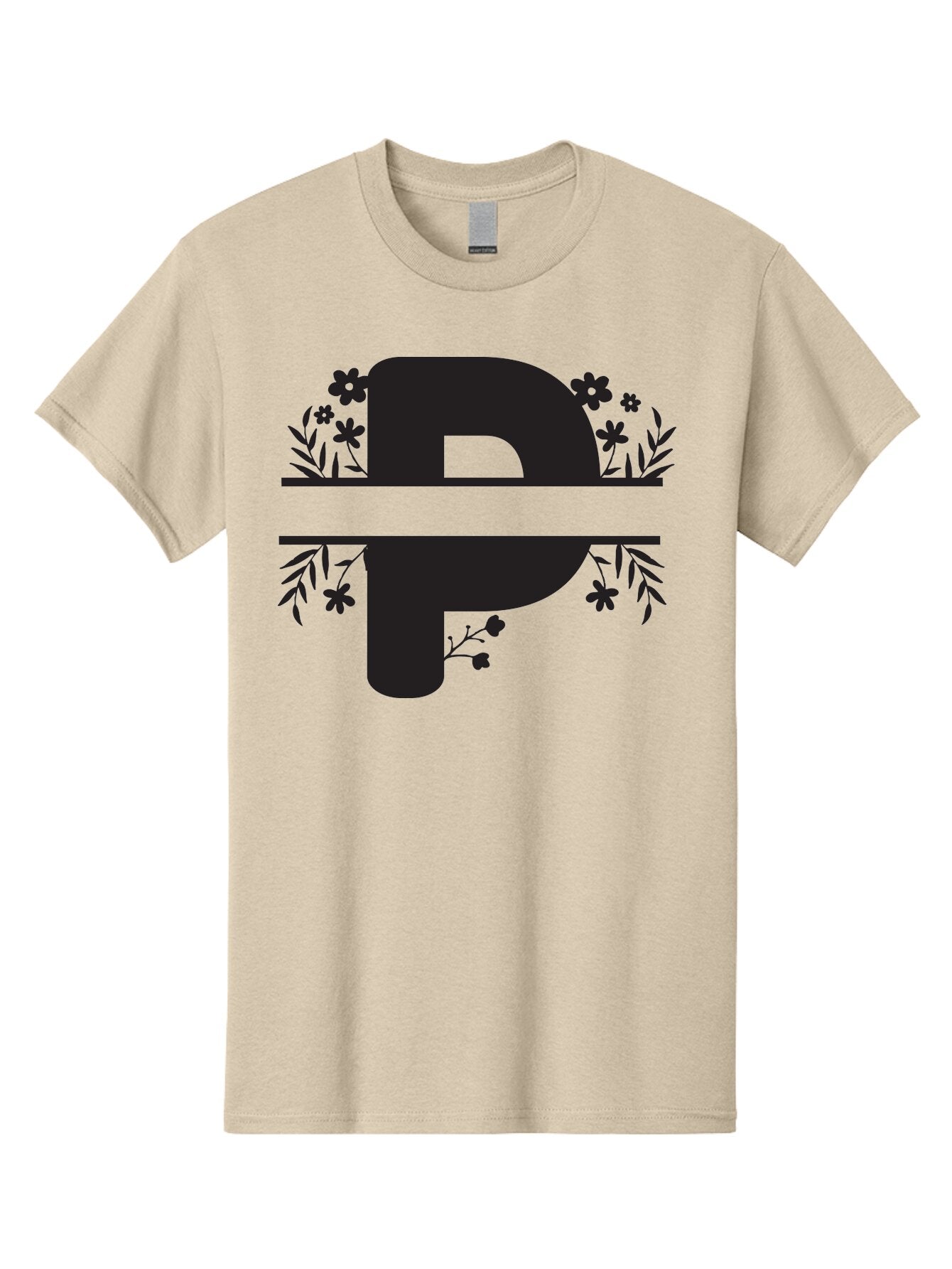 P-1 Men'S Graphic Tee, 100% Cotton, Comfortable Casual Summer Wear, Machine Washable, Large Black Letter P, Floral Designs, Flowers And Leaves, Black Silhouettes, Bold Typography, Decorative Elements, Symbolic Representation Aad081 12
