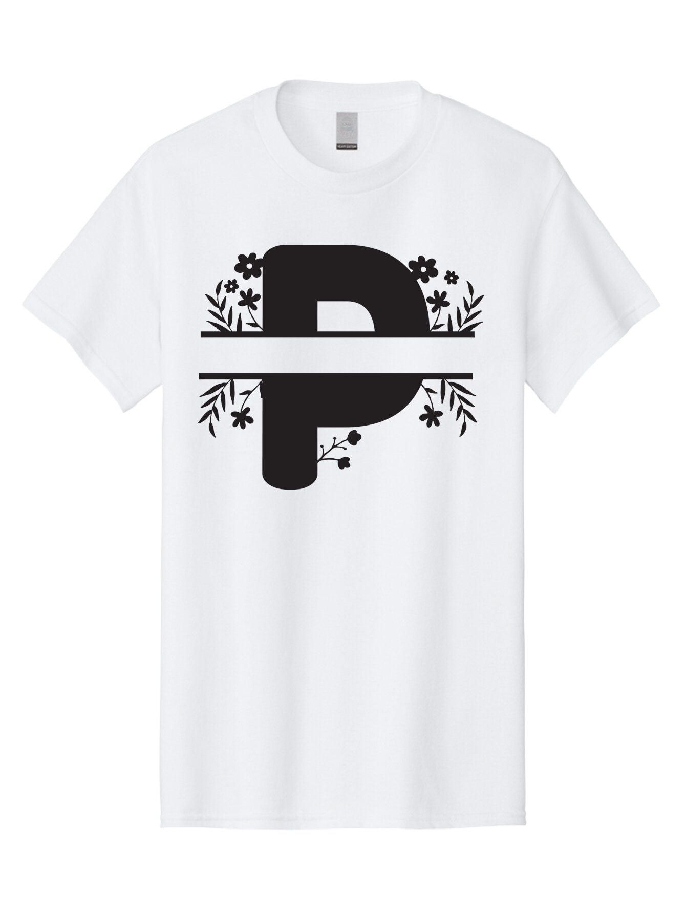 P-1 Men'S Graphic Tee, 100% Cotton, Comfortable Casual Summer Wear, Machine Washable, Large Black Letter P, Floral Designs, Flowers And Leaves, Black Silhouettes, Bold Typography, Decorative Elements, Symbolic Representation Aad081 15