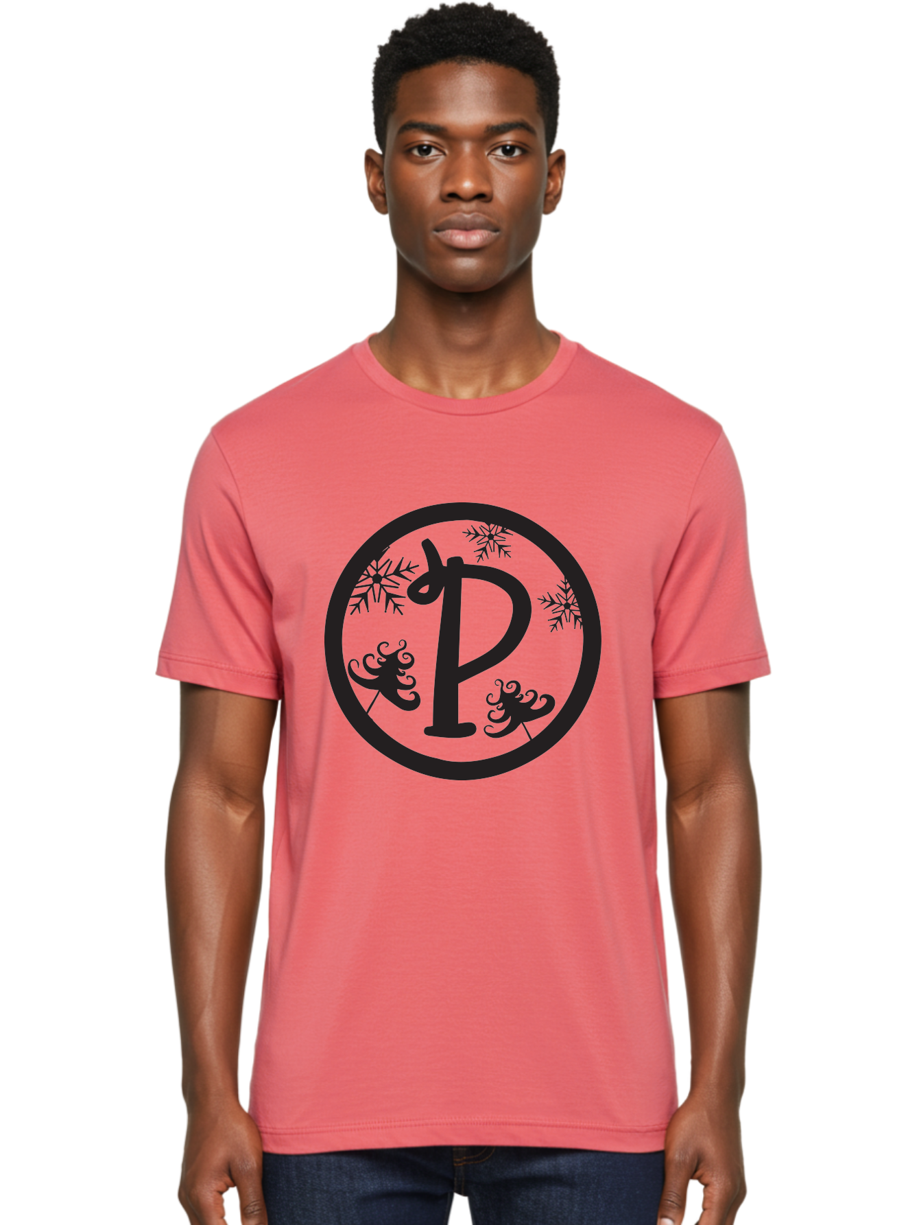 P Men'S Graphic Tee, 100% Cotton, Comfortable Casual Summer Wear, Machine Washable, Winter Wonderland, Festive Decorations, Christmas Trees, Snowflakes, Holiday Season, Elegant Typography, Black Silhouette, Decorative Elements Aad082 28
