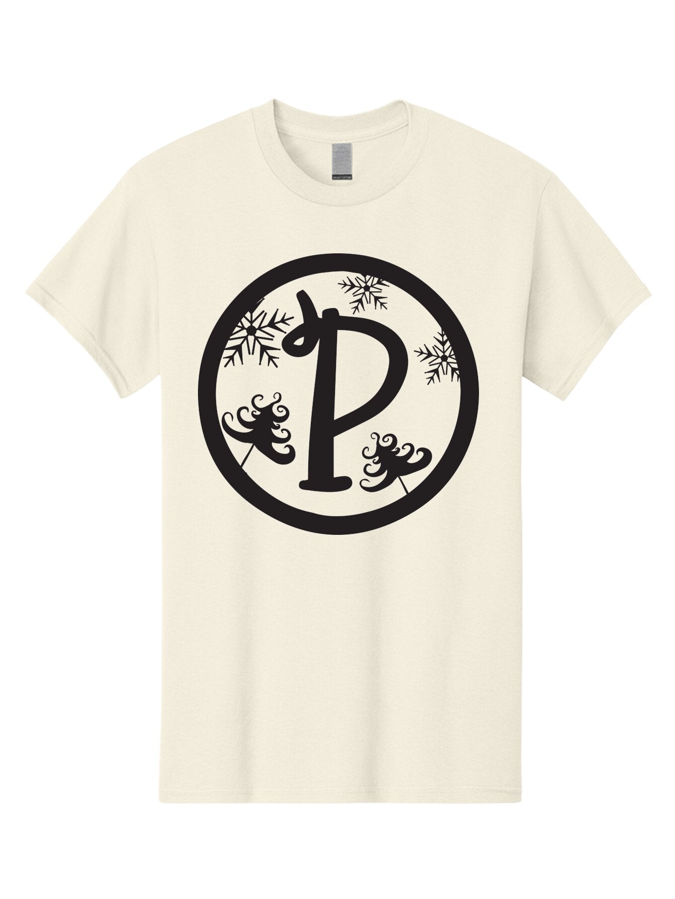 P Men'S Graphic Tee, 100% Cotton, Comfortable Casual Summer Wear, Machine Washable, Winter Wonderland, Festive Decorations, Christmas Trees, Snowflakes, Holiday Season, Elegant Typography, Black Silhouette, Decorative Elements Aad082