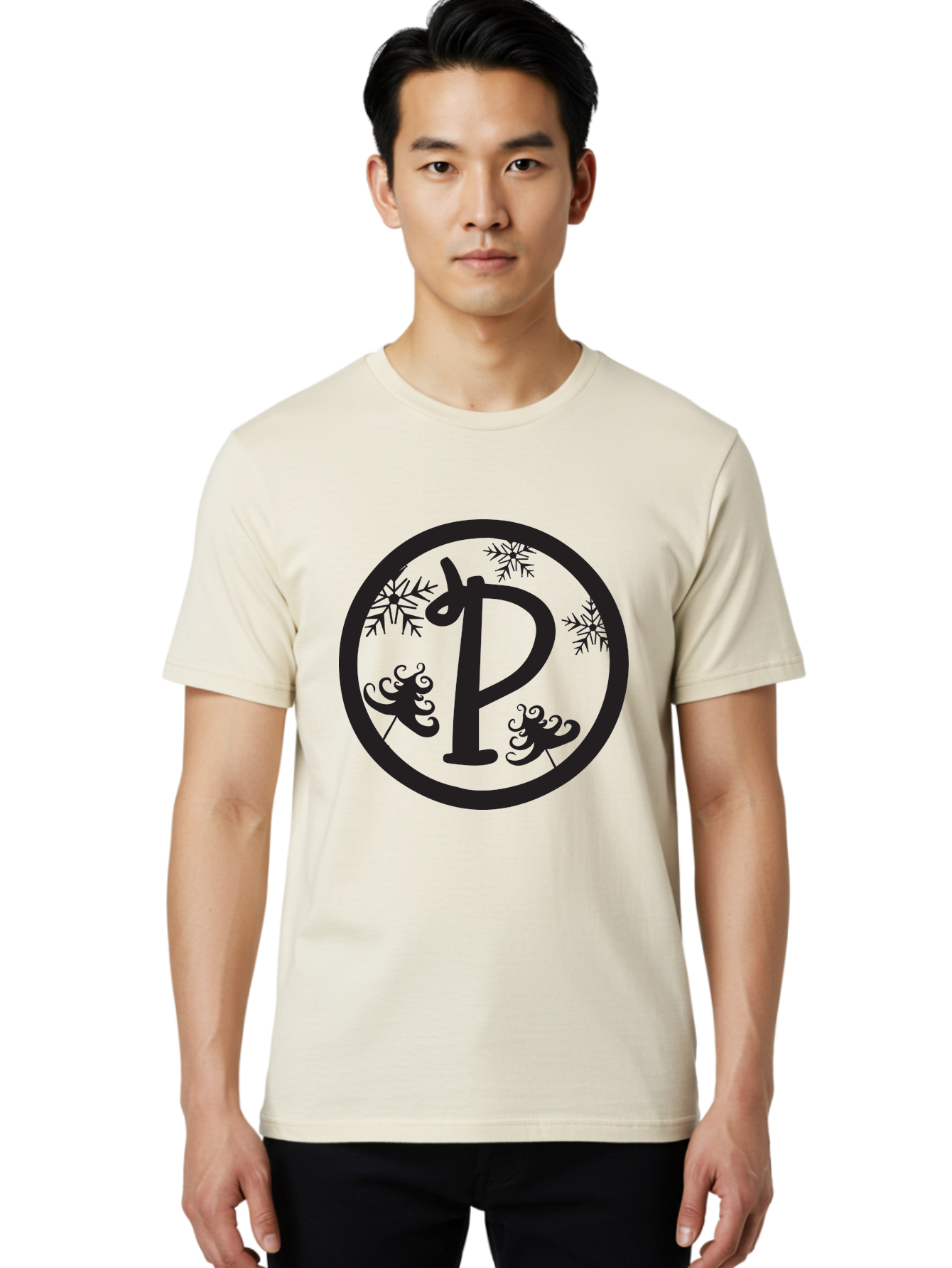 P Men'S Graphic Tee, 100% Cotton, Comfortable Casual Summer Wear, Machine Washable, Winter Wonderland, Festive Decorations, Christmas Trees, Snowflakes, Holiday Season, Elegant Typography, Black Silhouette, Decorative Elements Aad082 22