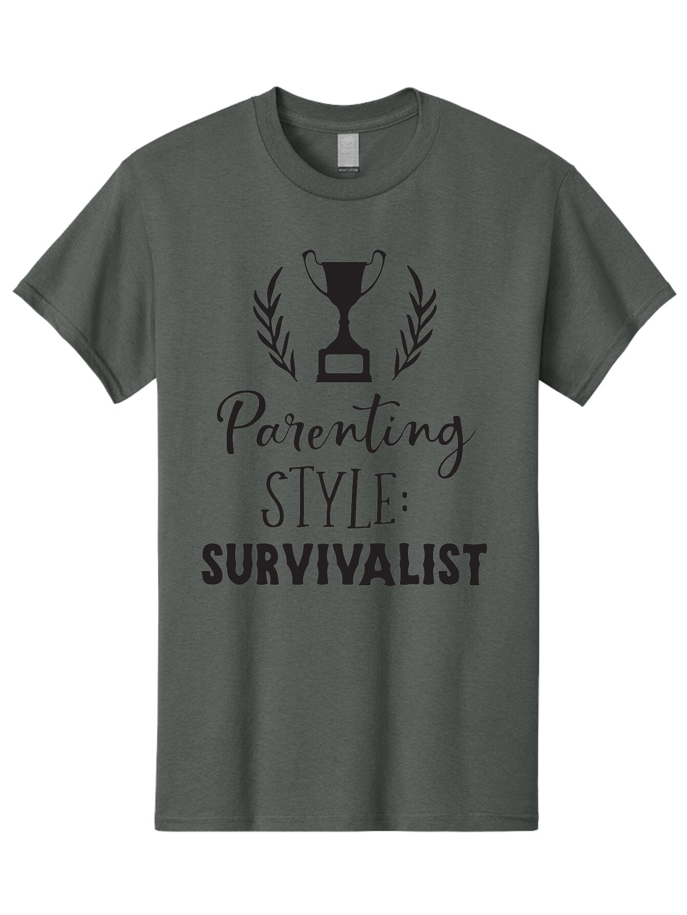 Parenting-Style-Survivalist Men'S Graphic Tee, 100% Cotton, Comfortable Casual Summer Wear, Machine Washable, Parenting Style, Survivalist Parents, Humorous Parenting, Parenting Humor, Trophy Award, Laurel Wreath, Parenting Challenges, Aad083 13