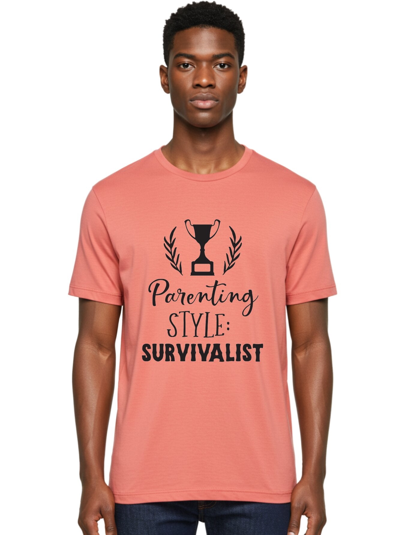 Parenting-Style-Survivalist Men'S Graphic Tee, 100% Cotton, Comfortable Casual Summer Wear, Machine Washable, Parenting Style, Survivalist Parents, Humorous Parenting, Parenting Humor, Trophy Award, Laurel Wreath, Parenting Challenges, Aad083 22