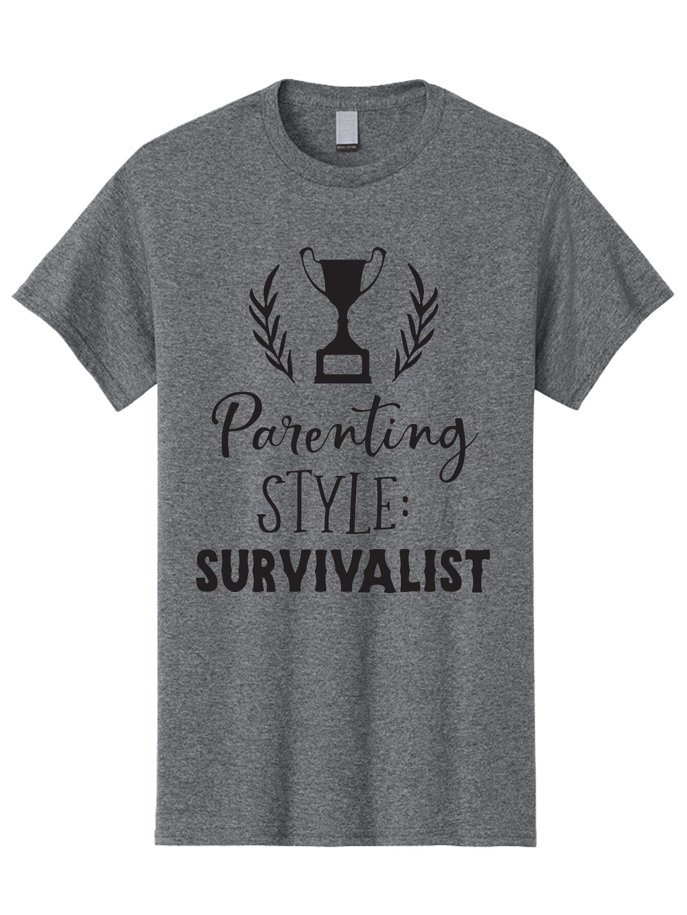 Parenting-Style-Survivalist Men'S Graphic Tee, 100% Cotton, Comfortable Casual Summer Wear, Machine Washable, Parenting Style, Survivalist Parents, Humorous Parenting, Parenting Humor, Trophy Award, Laurel Wreath, Parenting Challenges, Aad083