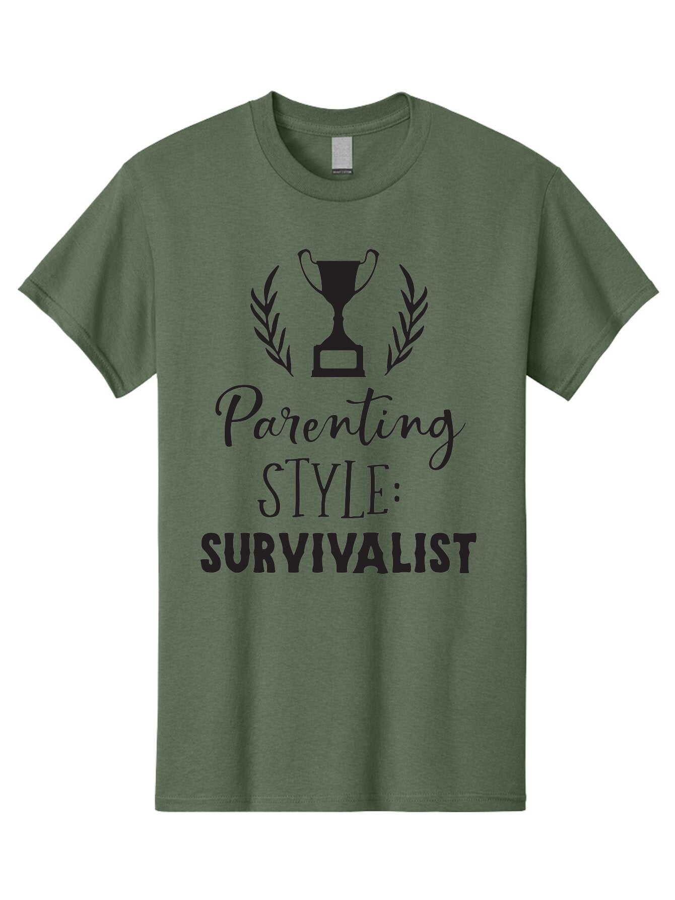 Parenting-Style-Survivalist Men'S Graphic Tee, 100% Cotton, Comfortable Casual Summer Wear, Machine Washable, Parenting Style, Survivalist Parents, Humorous Parenting, Parenting Humor, Trophy Award, Laurel Wreath, Parenting Challenges, Aad083 6