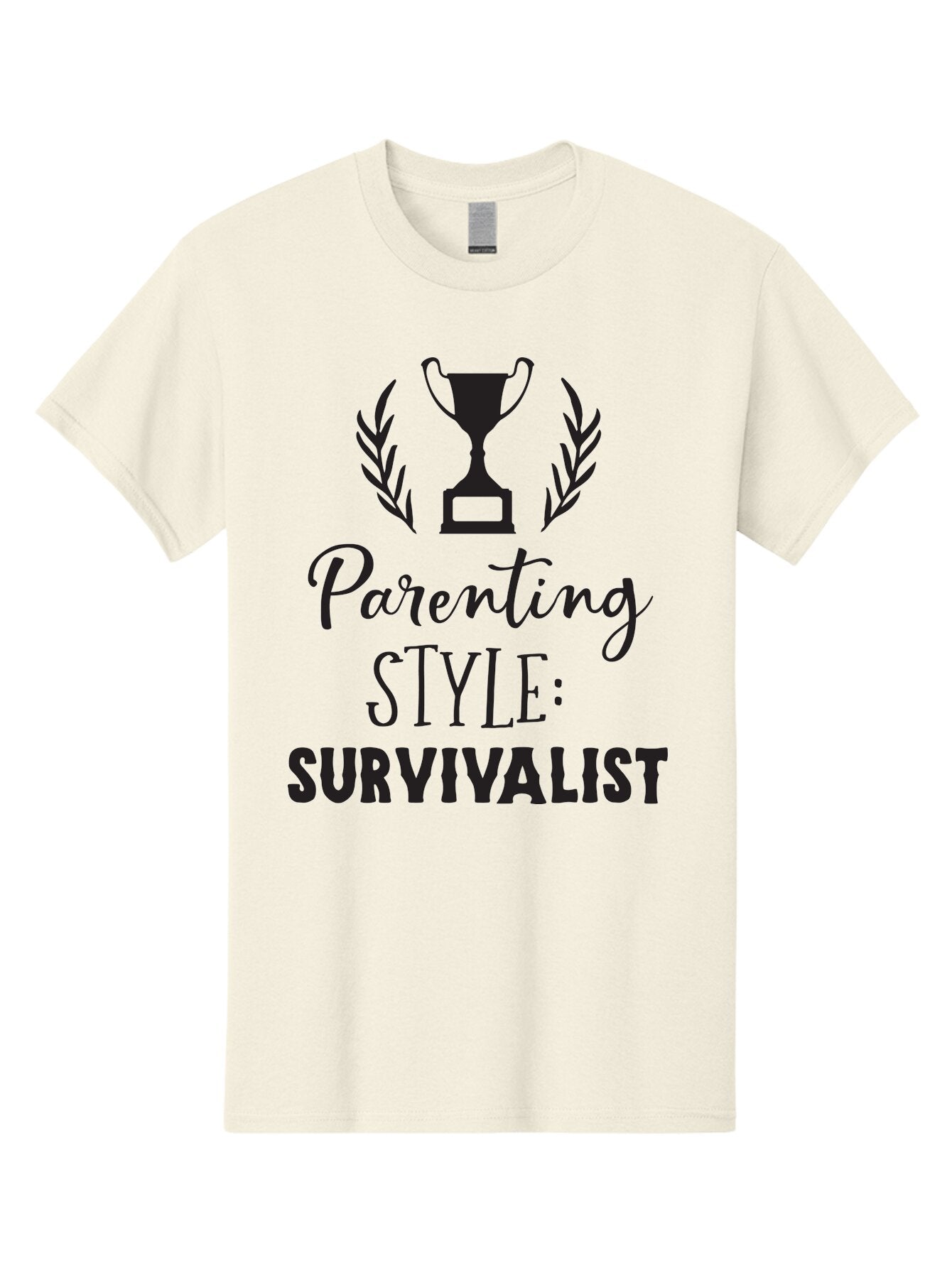Parenting-Style-Survivalist Men'S Graphic Tee, 100% Cotton, Comfortable Casual Summer Wear, Machine Washable, Parenting Style, Survivalist Parents, Humorous Parenting, Parenting Humor, Trophy Award, Laurel Wreath, Parenting Challenges, Aad083 4