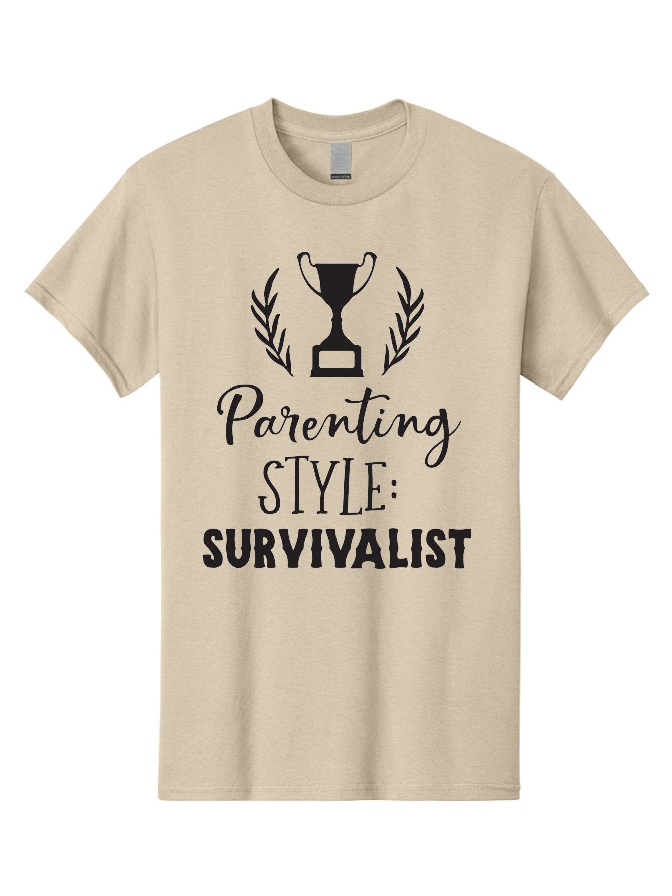 Parenting-Style-Survivalist Men'S Graphic Tee, 100% Cotton, Comfortable Casual Summer Wear, Machine Washable, Parenting Style, Survivalist Parents, Humorous Parenting, Parenting Humor, Trophy Award, Laurel Wreath, Parenting Challenges, Aad083 15