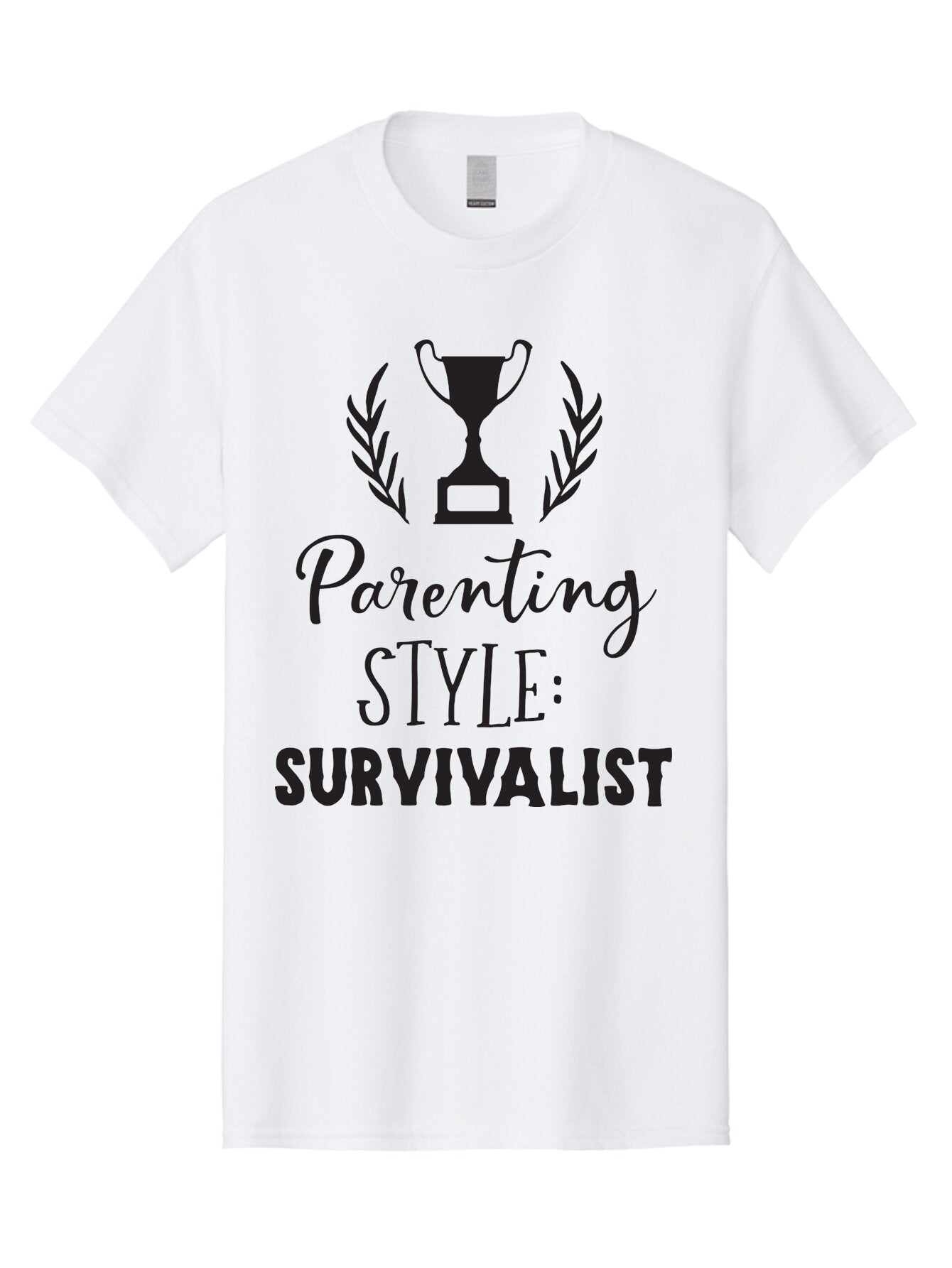 Parenting-Style-Survivalist Men'S Graphic Tee, 100% Cotton, Comfortable Casual Summer Wear, Machine Washable, Parenting Style, Survivalist Parents, Humorous Parenting, Parenting Humor, Trophy Award, Laurel Wreath, Parenting Challenges, Aad083 8