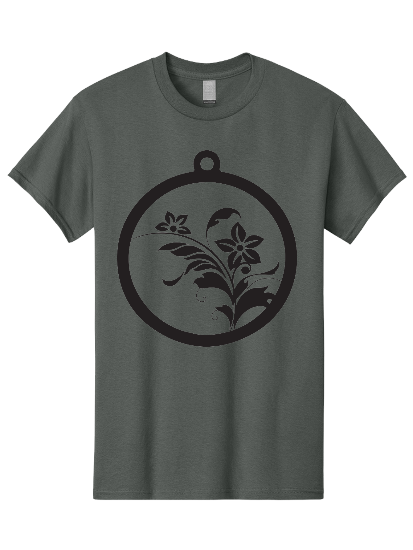 Pendant-With-Flowers Men'S Graphic Tee, 100% Cotton, Comfortable Casual Summer Wear, Machine Washable, Floral Design, Pendant Shape, Circular Frame, Black Silhouette, Stylized Flowers, Leaves, Botanical Art, Jewelry Inspiration, Aad086