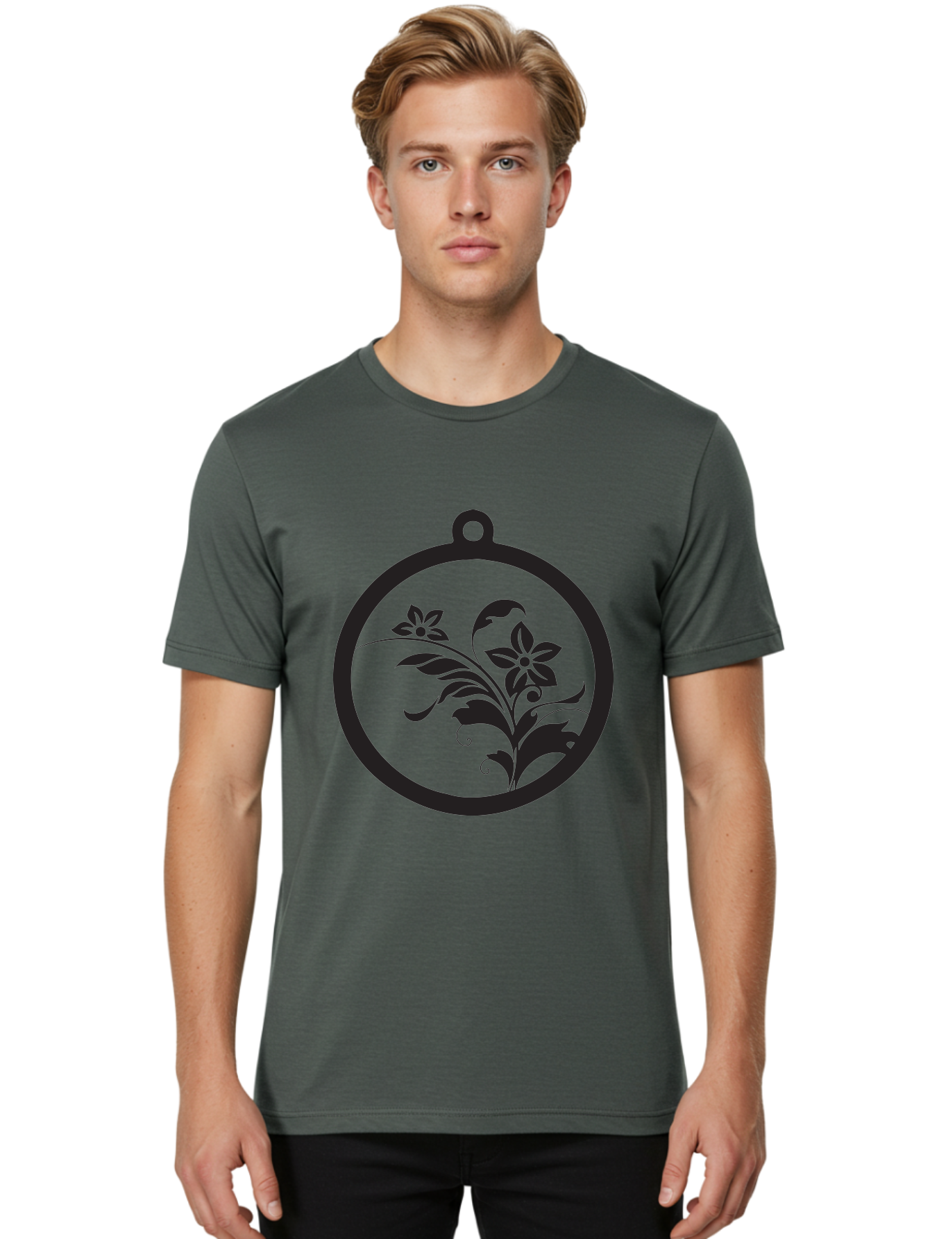 Pendant-With-Flowers Men'S Graphic Tee, 100% Cotton, Comfortable Casual Summer Wear, Machine Washable, Floral Design, Pendant Shape, Circular Frame, Black Silhouette, Stylized Flowers, Leaves, Botanical Art, Jewelry Inspiration, Aad086
