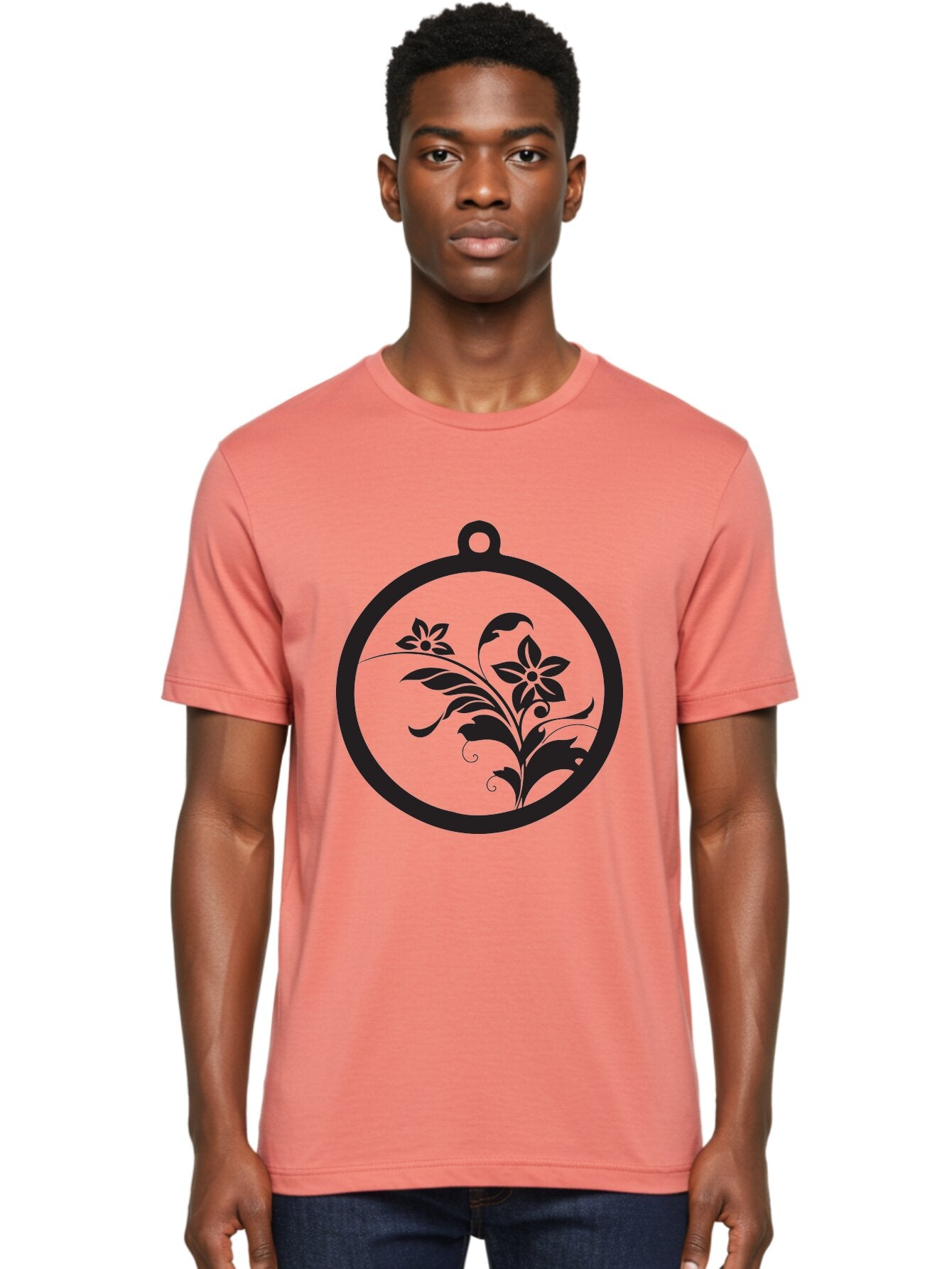 Pendant-With-Flowers Men'S Graphic Tee, 100% Cotton, Comfortable Casual Summer Wear, Machine Washable, Floral Design, Pendant Shape, Circular Frame, Black Silhouette, Stylized Flowers, Leaves, Botanical Art, Jewelry Inspiration, Aad086 17