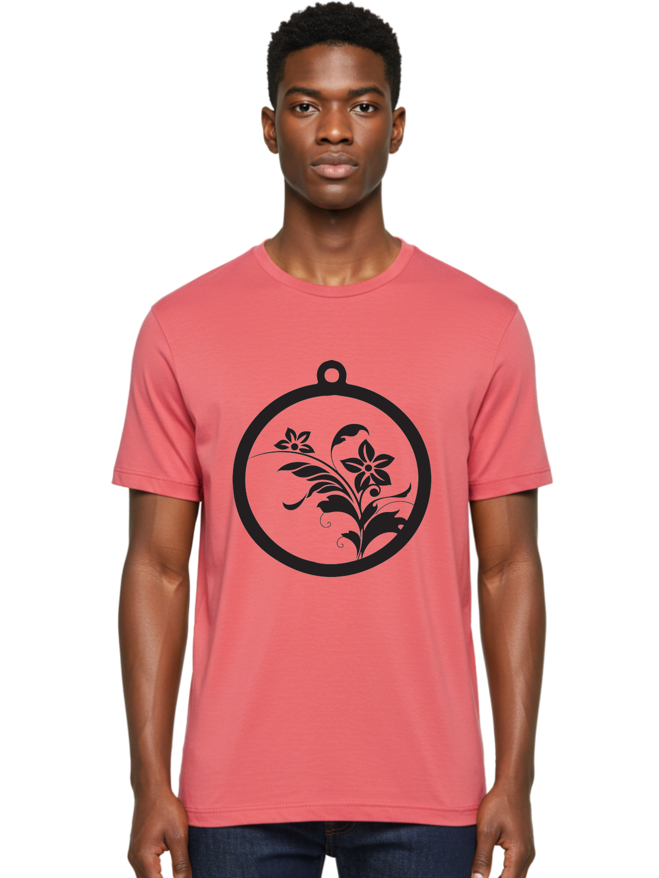 Pendant-With-Flowers Men'S Graphic Tee, 100% Cotton, Comfortable Casual Summer Wear, Machine Washable, Floral Design, Pendant Shape, Circular Frame, Black Silhouette, Stylized Flowers, Leaves, Botanical Art, Jewelry Inspiration, Aad086 28
