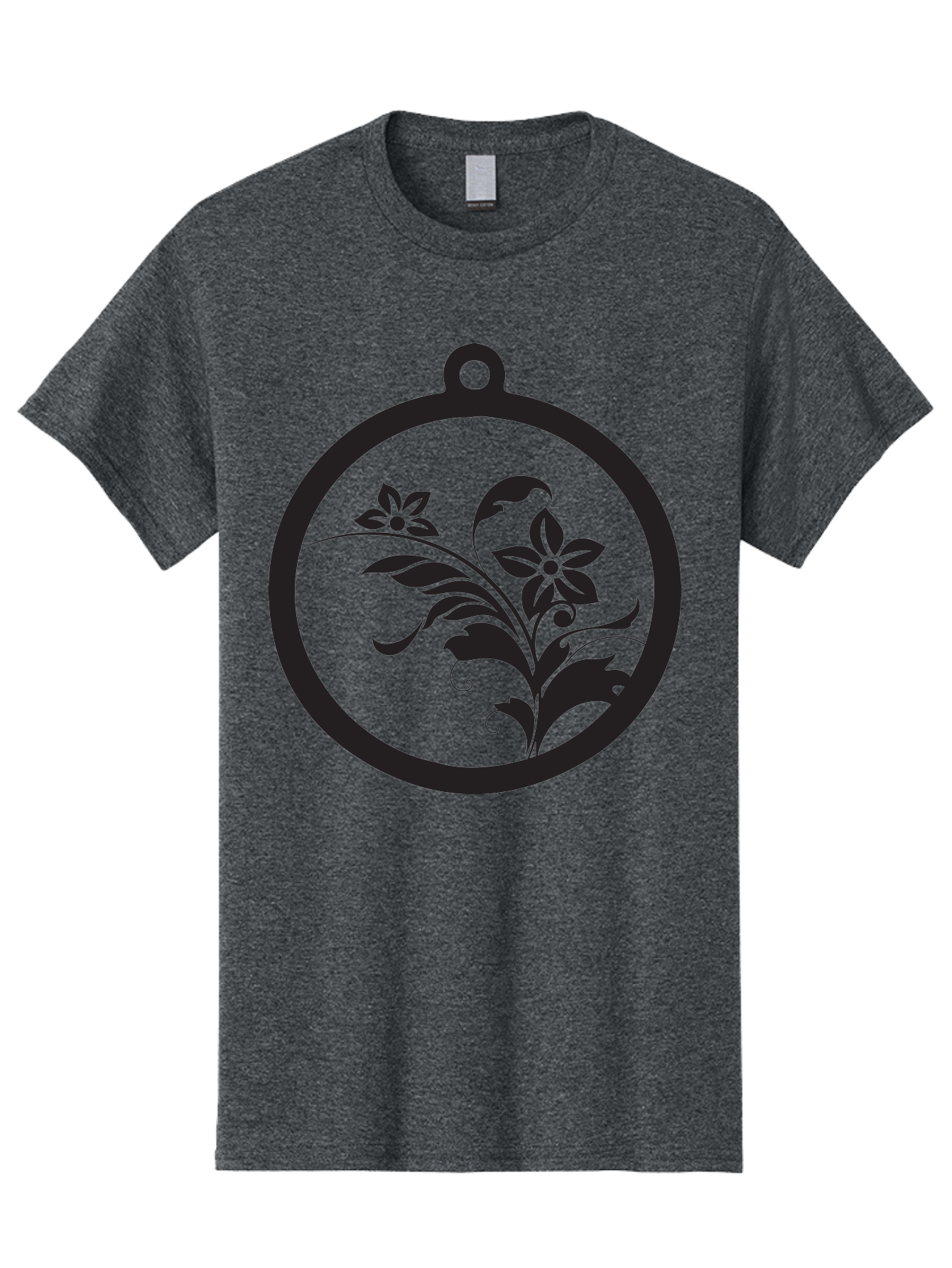 Pendant-With-Flowers Men'S Graphic Tee, 100% Cotton, Comfortable Casual Summer Wear, Machine Washable, Floral Design, Pendant Shape, Circular Frame, Black Silhouette, Stylized Flowers, Leaves, Botanical Art, Jewelry Inspiration, Aad086 3