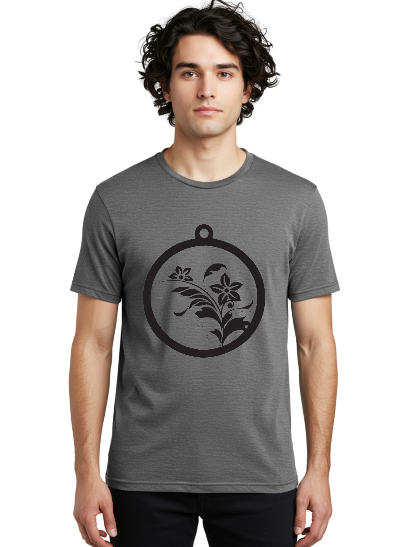 Pendant-With-Flowers Men'S Graphic Tee, 100% Cotton, Comfortable Casual Summer Wear, Machine Washable, Floral Design, Pendant Shape, Circular Frame, Black Silhouette, Stylized Flowers, Leaves, Botanical Art, Jewelry Inspiration, Aad086 20