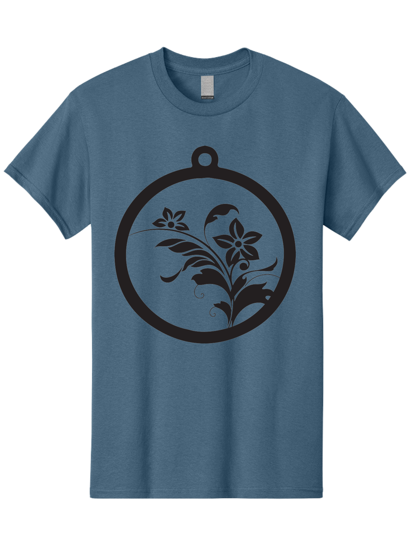 Pendant-With-Flowers Men'S Graphic Tee, 100% Cotton, Comfortable Casual Summer Wear, Machine Washable, Floral Design, Pendant Shape, Circular Frame, Black Silhouette, Stylized Flowers, Leaves, Botanical Art, Jewelry Inspiration, Aad086 17