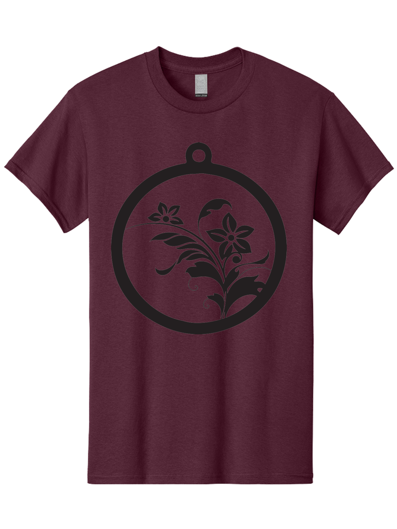 Pendant-With-Flowers Men'S Graphic Tee, 100% Cotton, Comfortable Casual Summer Wear, Machine Washable, Floral Design, Pendant Shape, Circular Frame, Black Silhouette, Stylized Flowers, Leaves, Botanical Art, Jewelry Inspiration, Aad086 21