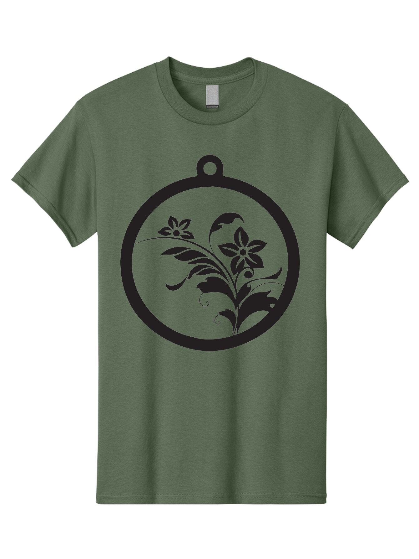 Pendant-With-Flowers Men'S Graphic Tee, 100% Cotton, Comfortable Casual Summer Wear, Machine Washable, Floral Design, Pendant Shape, Circular Frame, Black Silhouette, Stylized Flowers, Leaves, Botanical Art, Jewelry Inspiration, Aad086 6