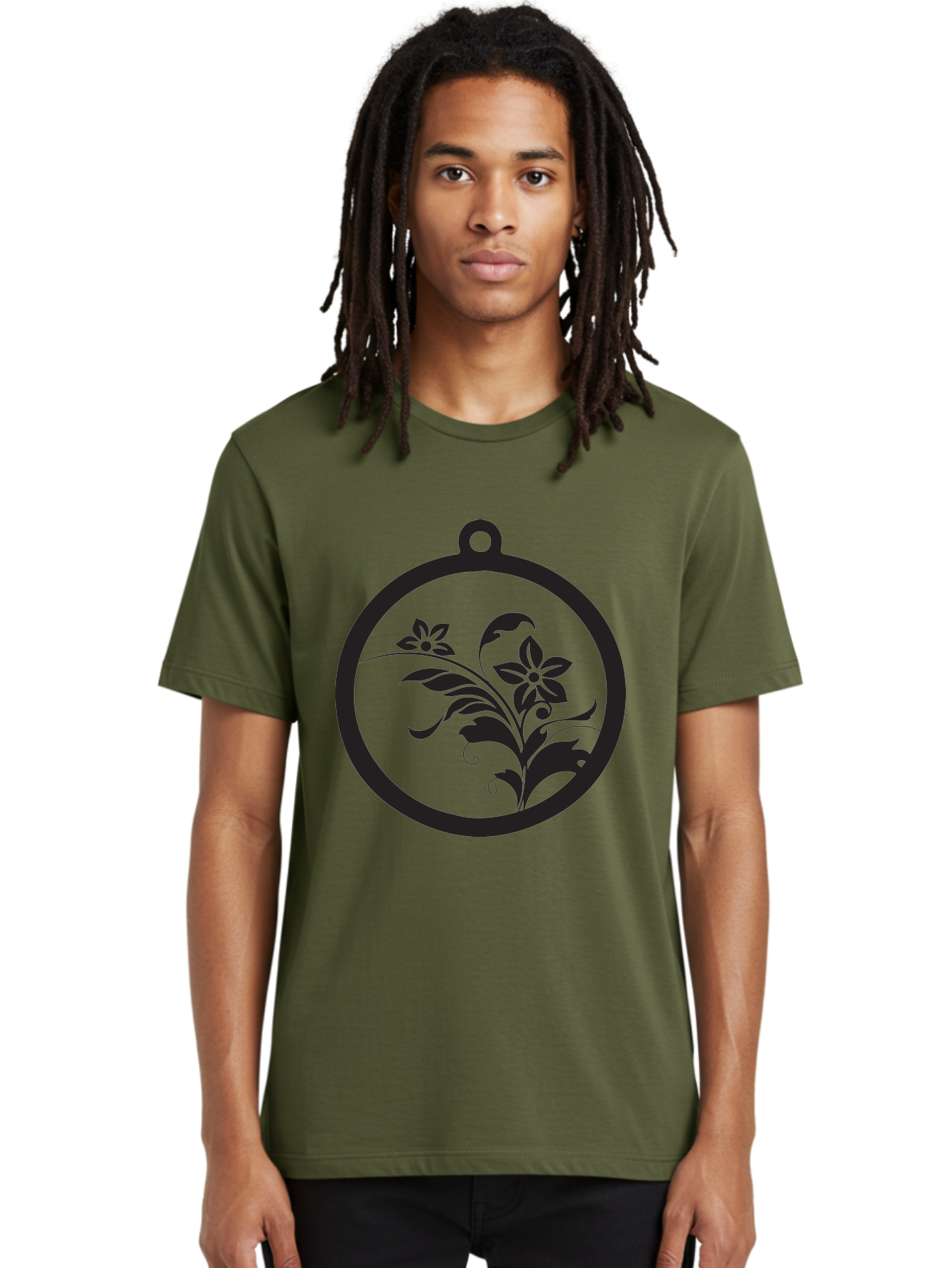 Pendant-With-Flowers Men'S Graphic Tee, 100% Cotton, Comfortable Casual Summer Wear, Machine Washable, Floral Design, Pendant Shape, Circular Frame, Black Silhouette, Stylized Flowers, Leaves, Botanical Art, Jewelry Inspiration, Aad086 14