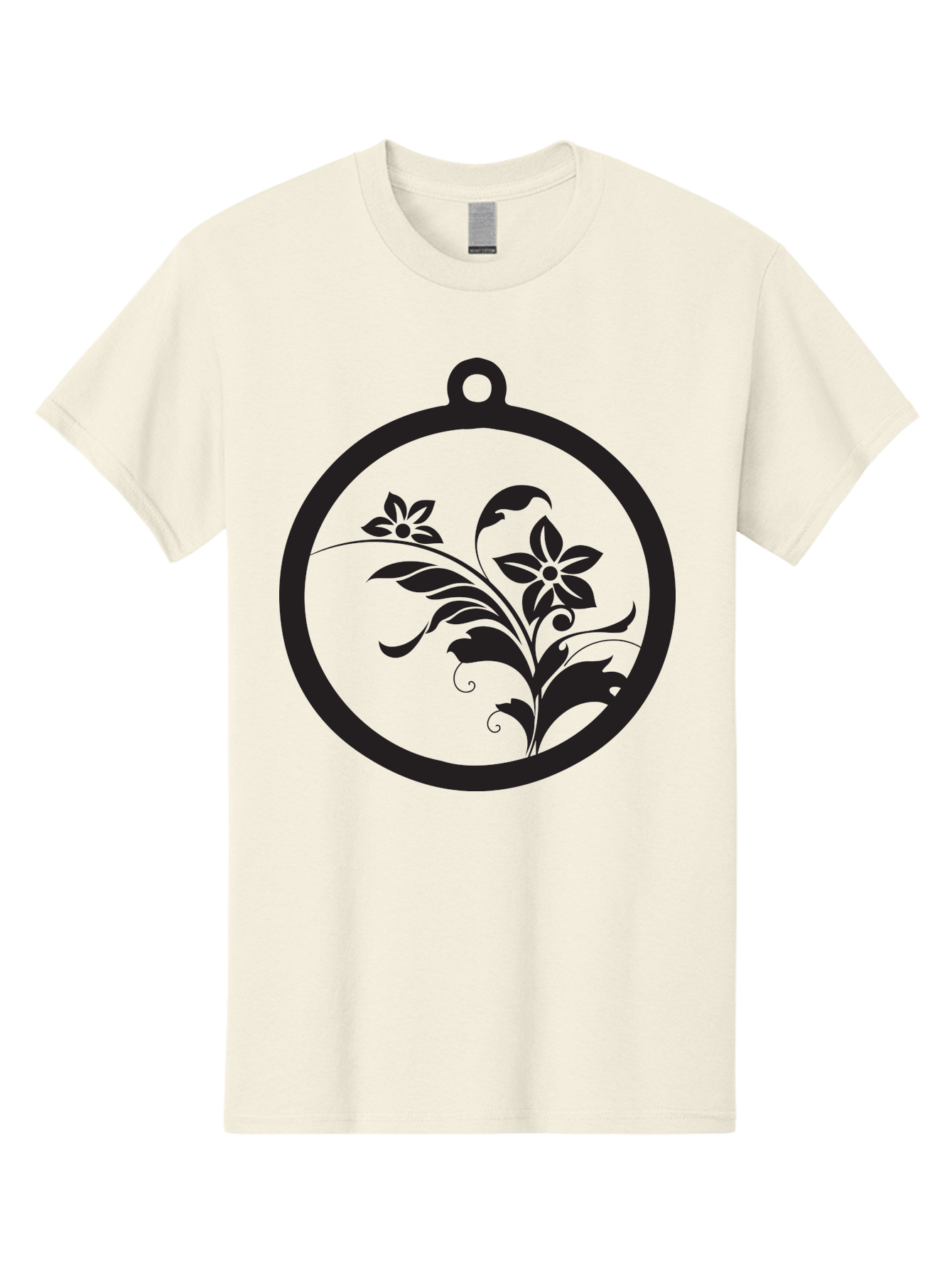 Pendant-With-Flowers Men'S Graphic Tee, 100% Cotton, Comfortable Casual Summer Wear, Machine Washable, Floral Design, Pendant Shape, Circular Frame, Black Silhouette, Stylized Flowers, Leaves, Botanical Art, Jewelry Inspiration, Aad086 11