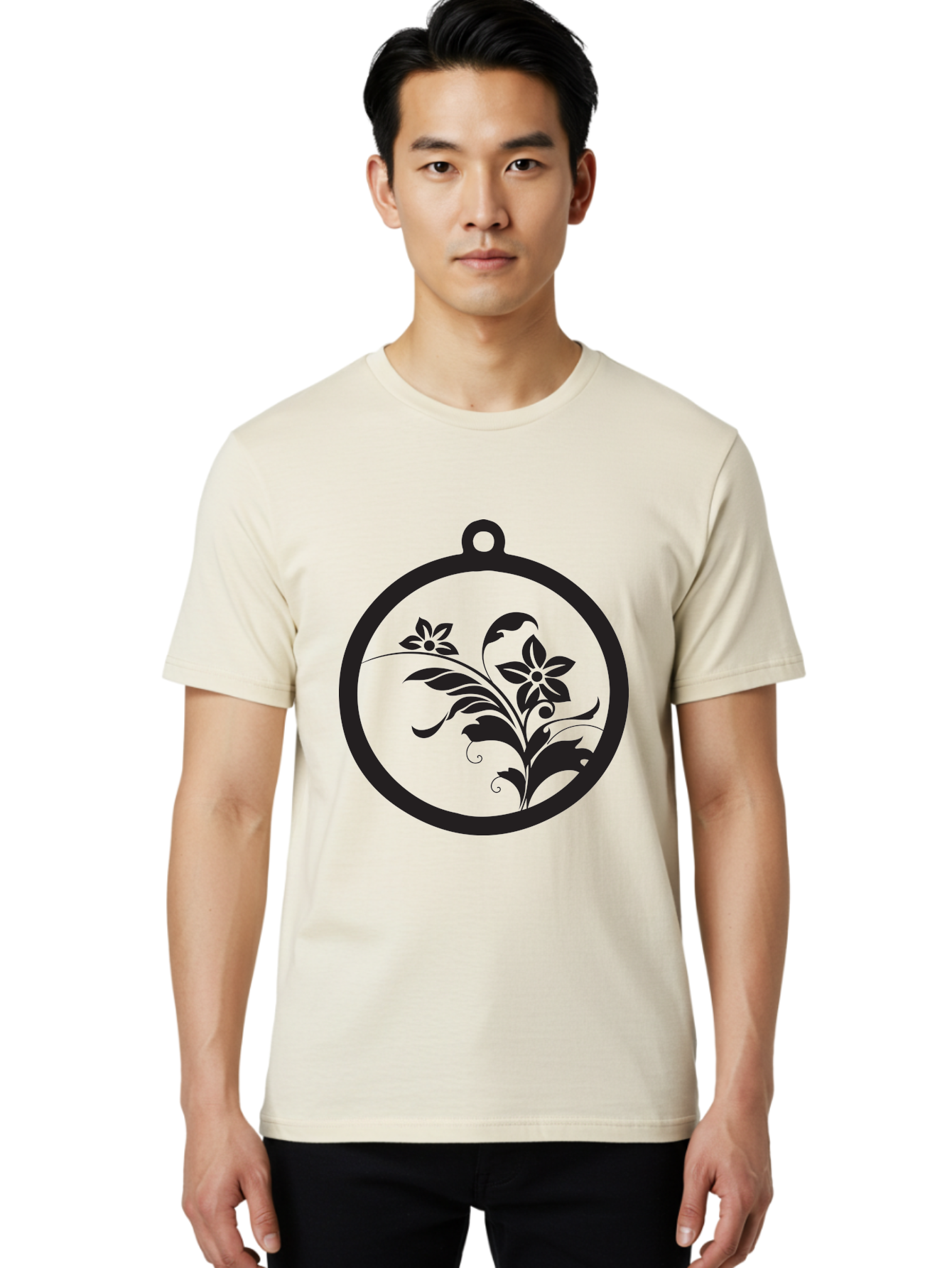 Pendant-With-Flowers Men'S Graphic Tee, 100% Cotton, Comfortable Casual Summer Wear, Machine Washable, Floral Design, Pendant Shape, Circular Frame, Black Silhouette, Stylized Flowers, Leaves, Botanical Art, Jewelry Inspiration, Aad086 12