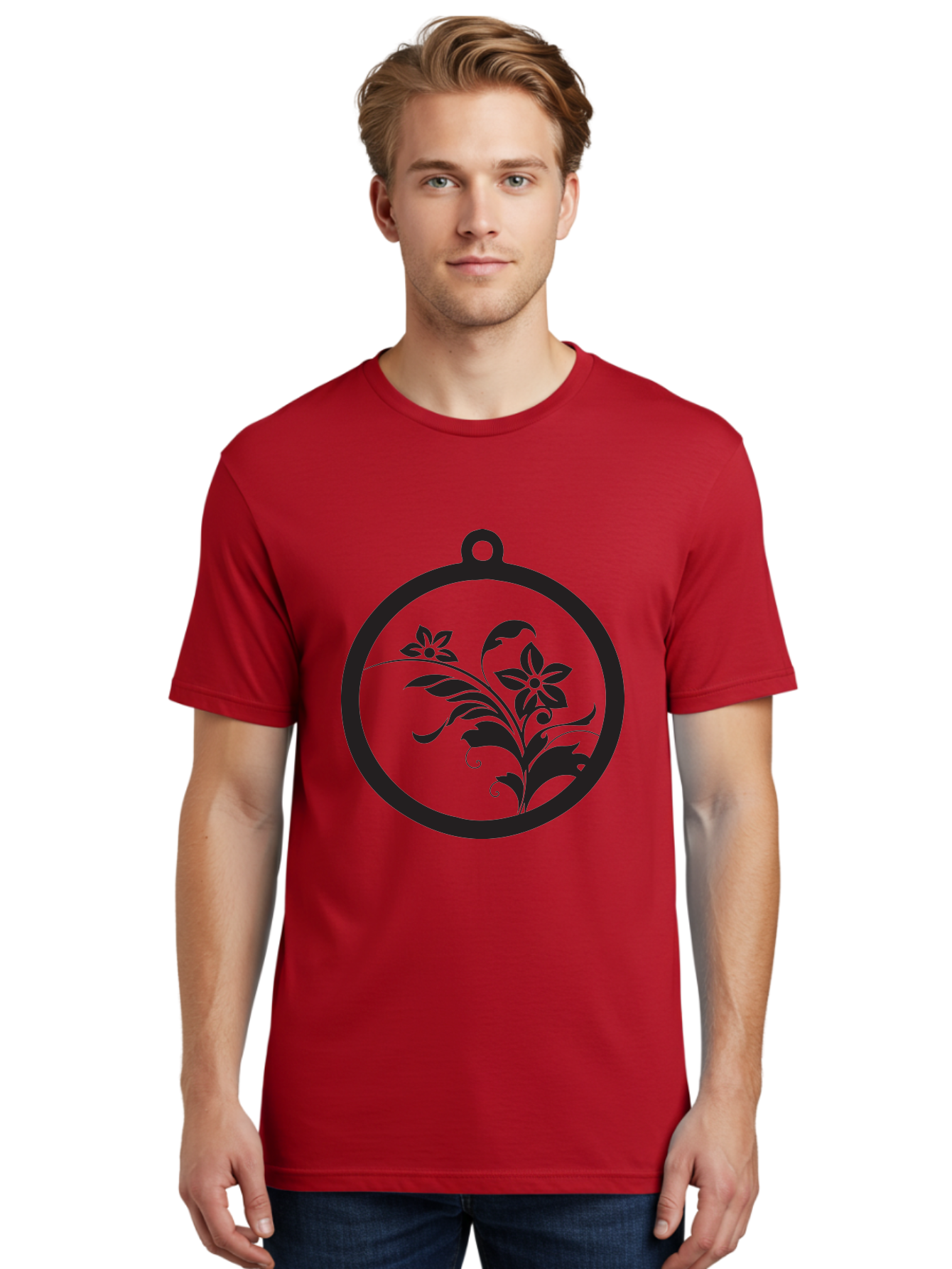 Pendant-With-Flowers Men'S Graphic Tee, 100% Cotton, Comfortable Casual Summer Wear, Machine Washable, Floral Design, Pendant Shape, Circular Frame, Black Silhouette, Stylized Flowers, Leaves, Botanical Art, Jewelry Inspiration, Aad086 6
