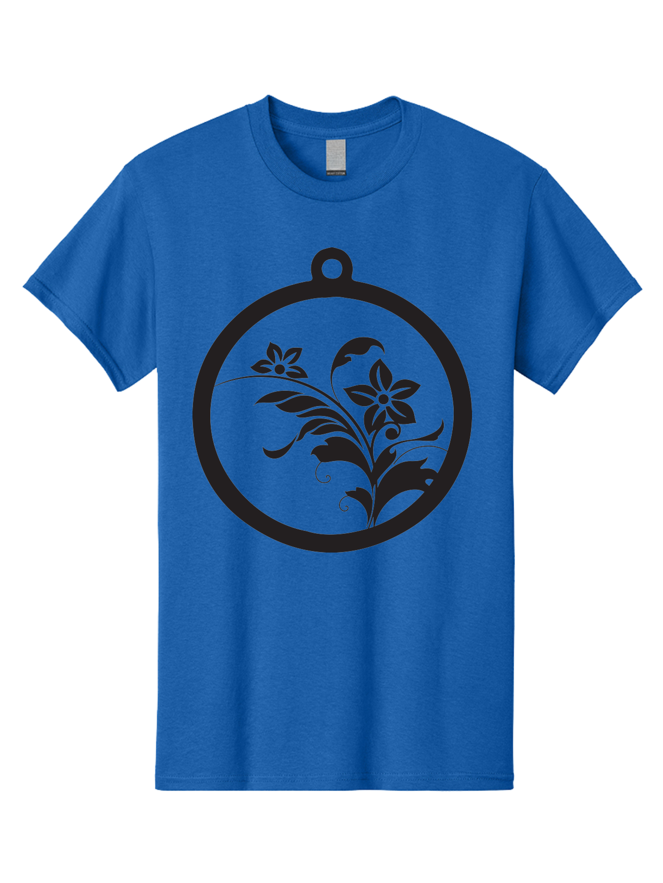 Pendant-With-Flowers Men'S Graphic Tee, 100% Cotton, Comfortable Casual Summer Wear, Machine Washable, Floral Design, Pendant Shape, Circular Frame, Black Silhouette, Stylized Flowers, Leaves, Botanical Art, Jewelry Inspiration, Aad086 23