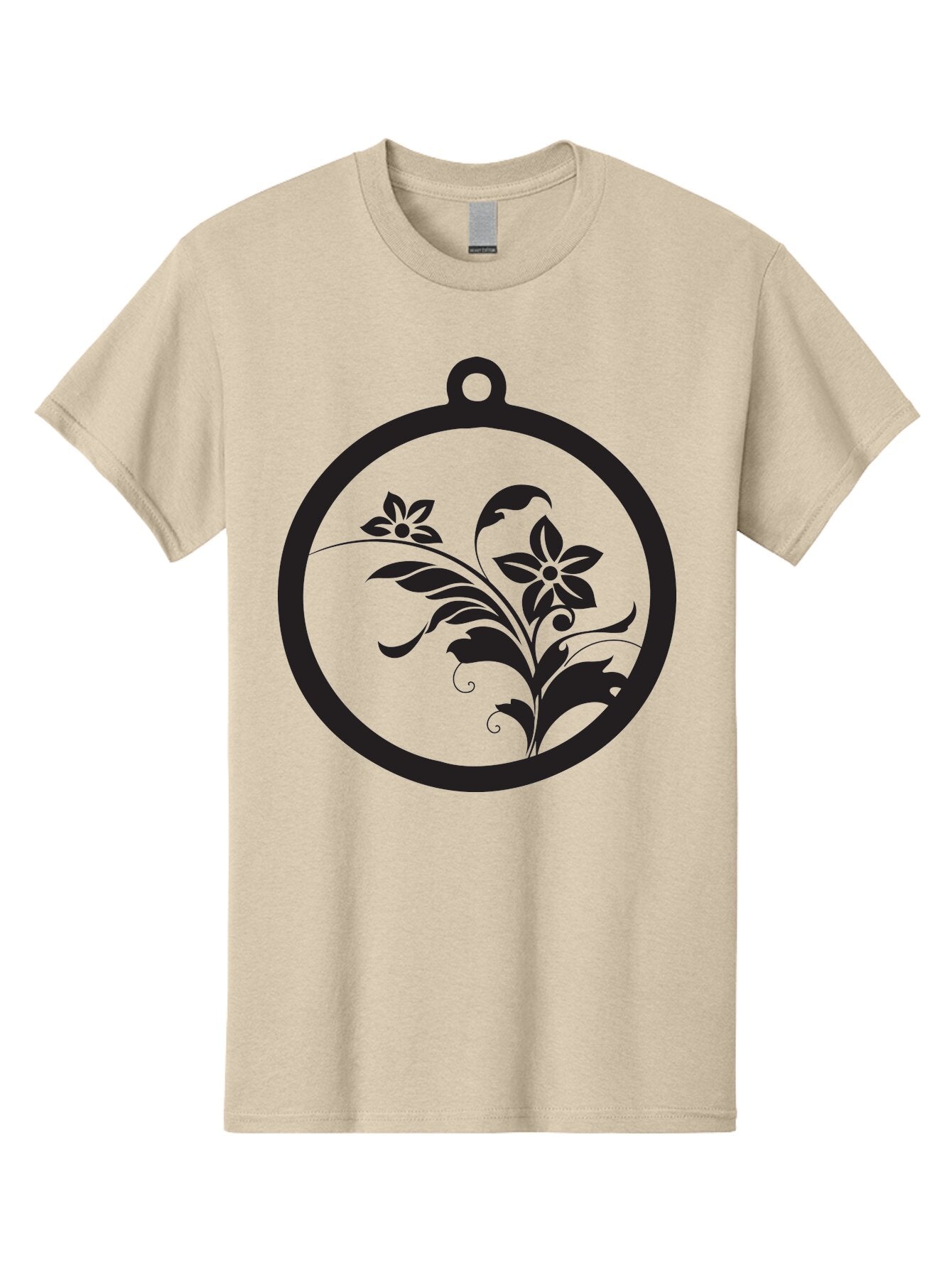 Pendant-With-Flowers Men'S Graphic Tee, 100% Cotton, Comfortable Casual Summer Wear, Machine Washable, Floral Design, Pendant Shape, Circular Frame, Black Silhouette, Stylized Flowers, Leaves, Botanical Art, Jewelry Inspiration, Aad086 5