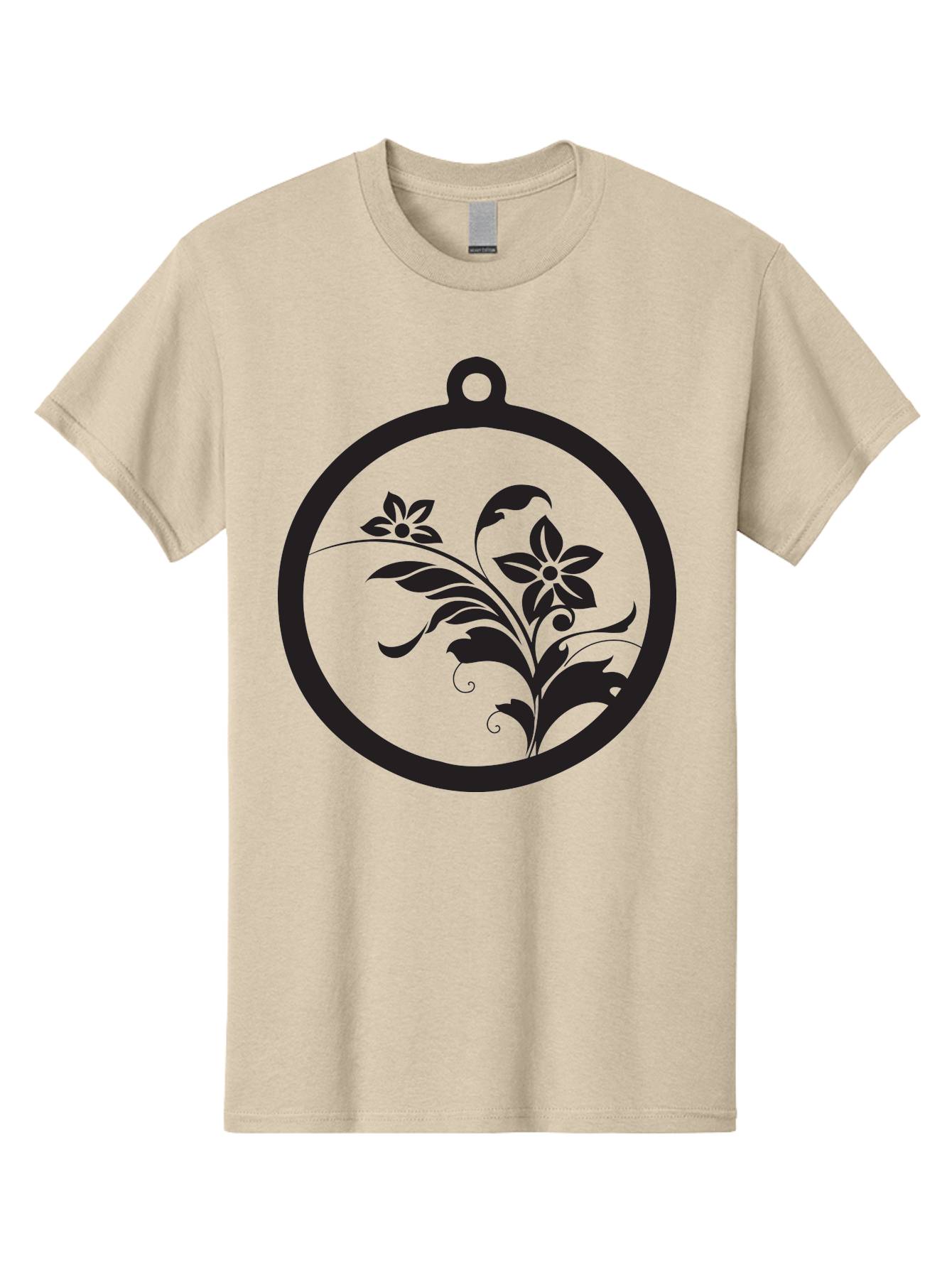 Pendant-With-Flowers Men'S Graphic Tee, 100% Cotton, Comfortable Casual Summer Wear, Machine Washable, Floral Design, Pendant Shape, Circular Frame, Black Silhouette, Stylized Flowers, Leaves, Botanical Art, Jewelry Inspiration, Aad086 15