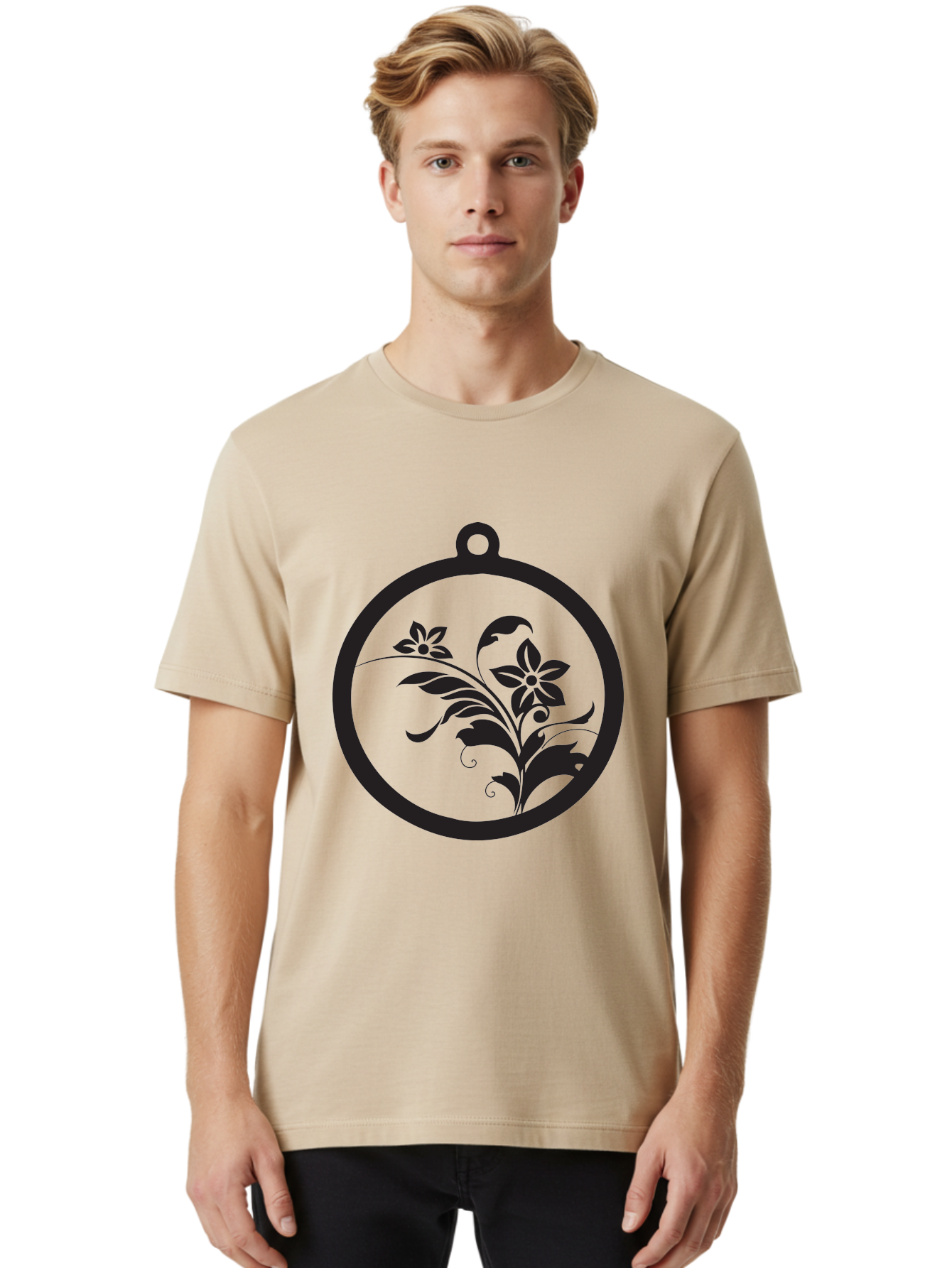 Pendant-With-Flowers Men'S Graphic Tee, 100% Cotton, Comfortable Casual Summer Wear, Machine Washable, Floral Design, Pendant Shape, Circular Frame, Black Silhouette, Stylized Flowers, Leaves, Botanical Art, Jewelry Inspiration, Aad086 16