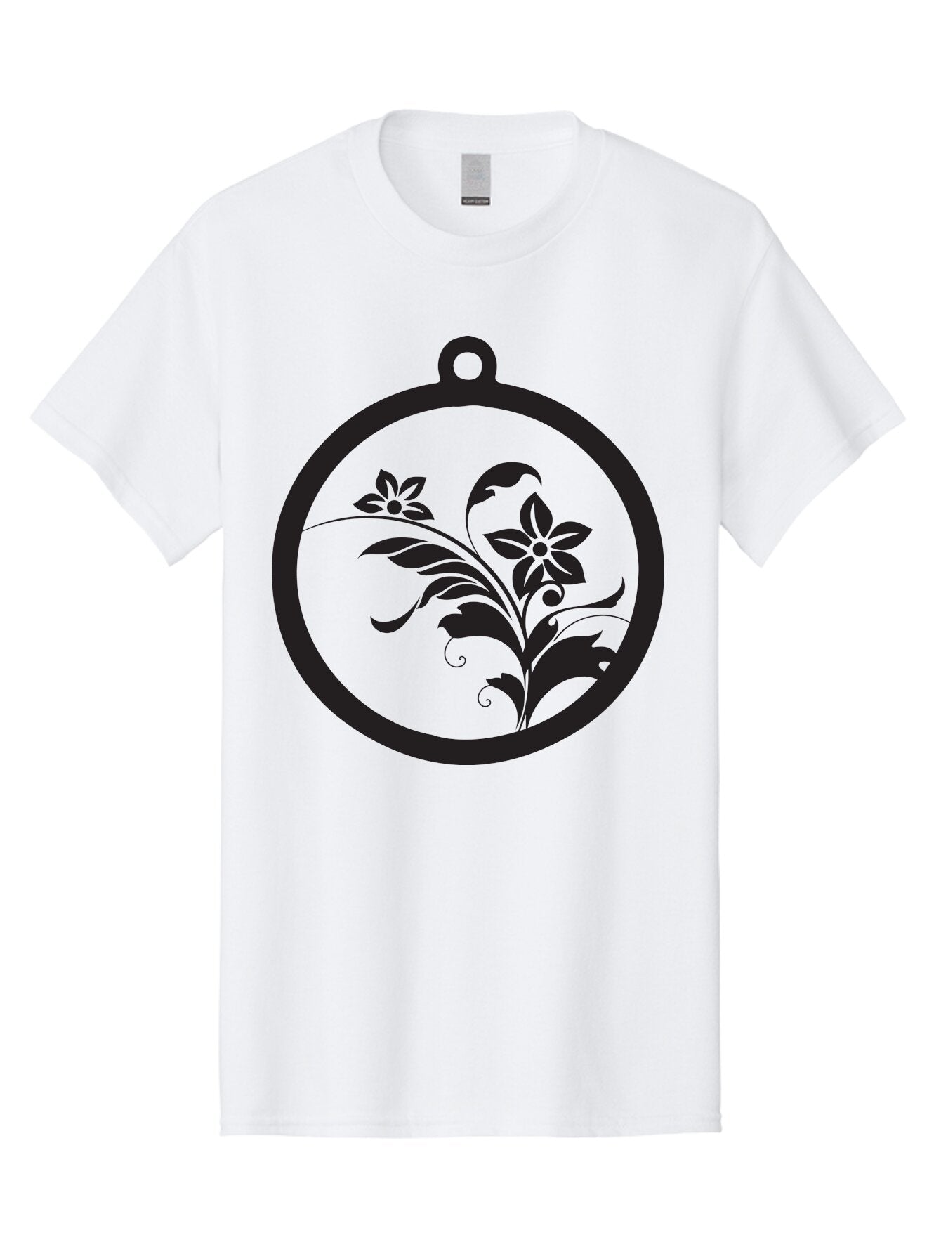 Pendant-With-Flowers Men'S Graphic Tee, 100% Cotton, Comfortable Casual Summer Wear, Machine Washable, Floral Design, Pendant Shape, Circular Frame, Black Silhouette, Stylized Flowers, Leaves, Botanical Art, Jewelry Inspiration, Aad086 9